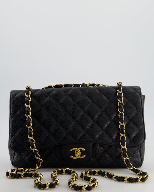 Chanel Black Jumbo Classic Single Flap Bag in Caviar Leather with Gold Hardware