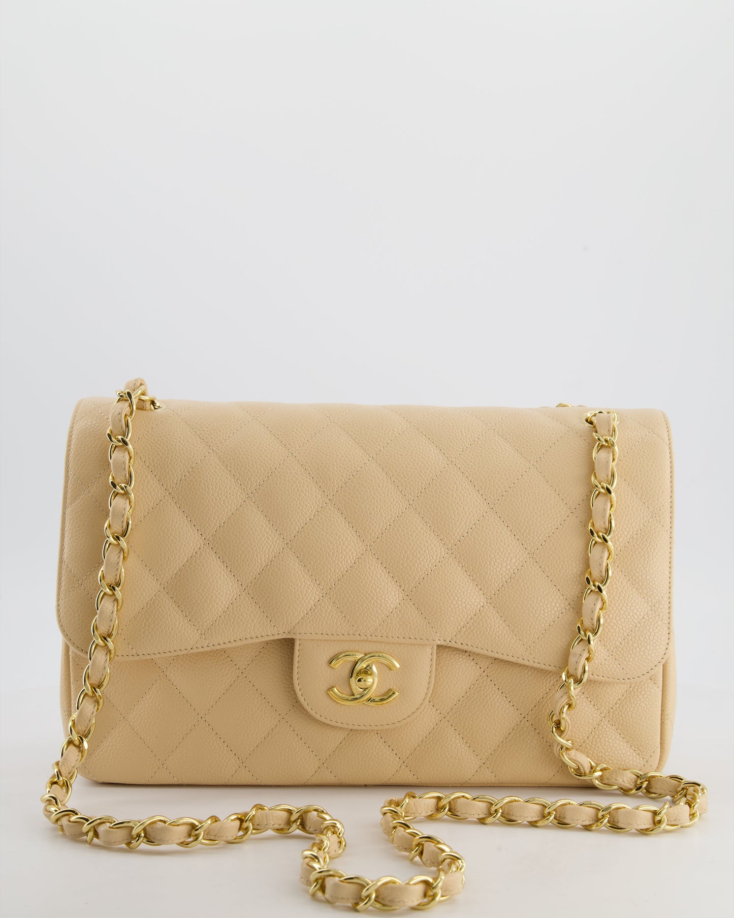 *HOT* Chanel Beige Jumbo Classic Double Flap Bag in Caviar Leather with Gold Hardware