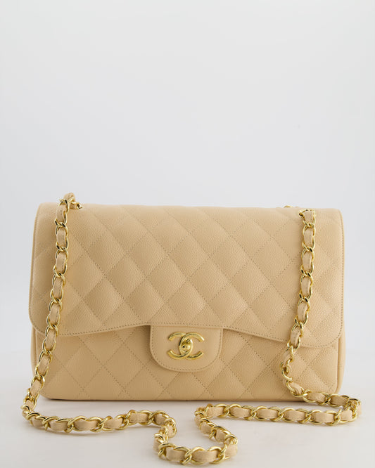 *HOT* Chanel Beige Jumbo Classic Double Flap Bag in Caviar Leather with Gold Hardware