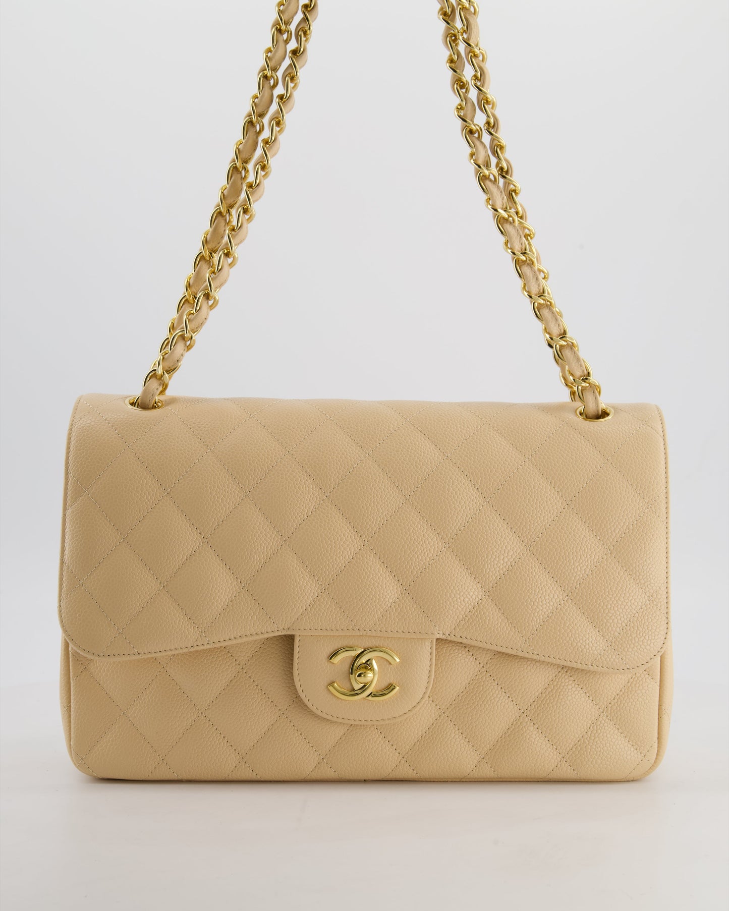*HOT* Chanel Beige Jumbo Classic Double Flap Bag in Caviar Leather with Gold Hardware