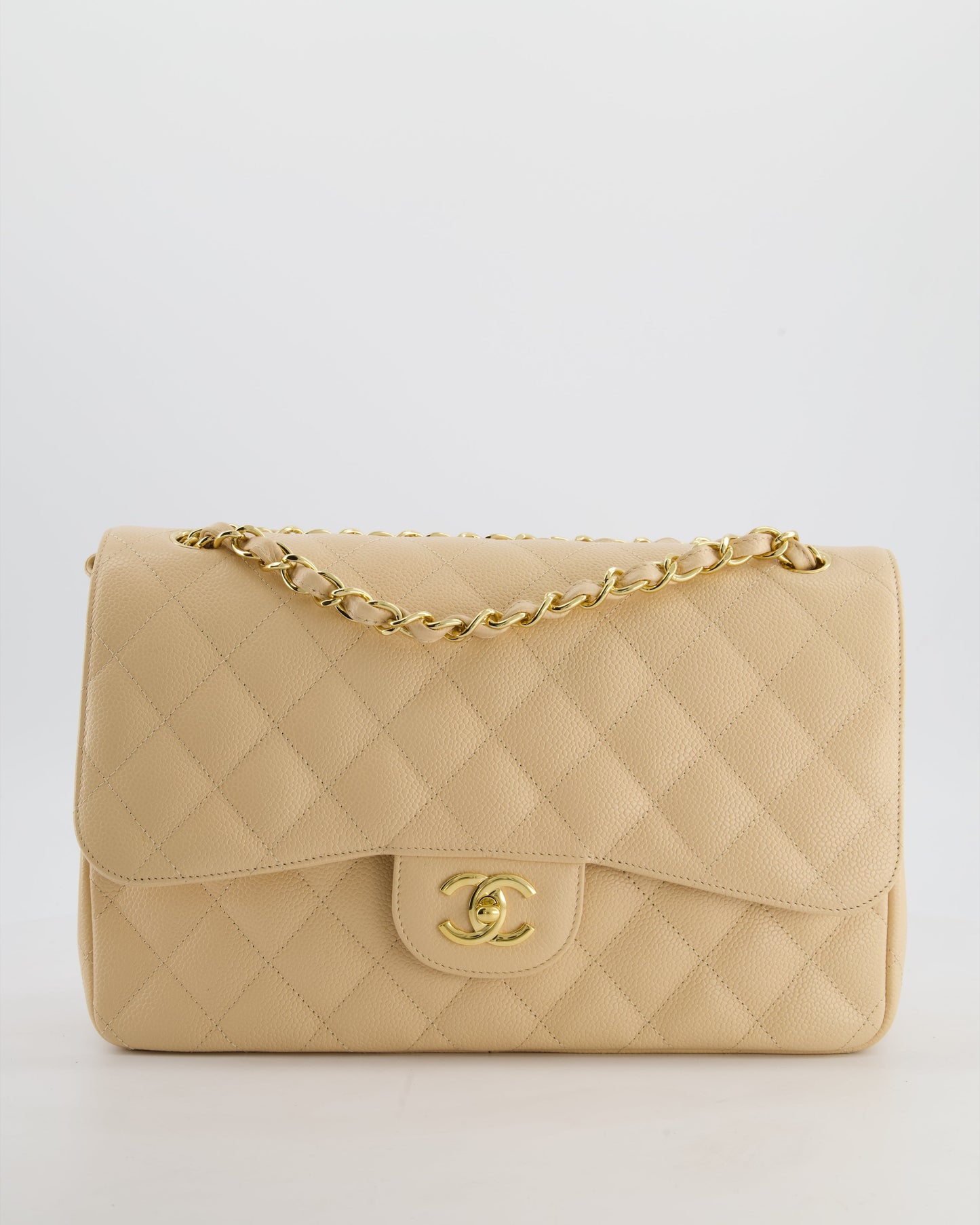 *HOT* Chanel Beige Jumbo Classic Double Flap Bag in Caviar Leather with Gold Hardware