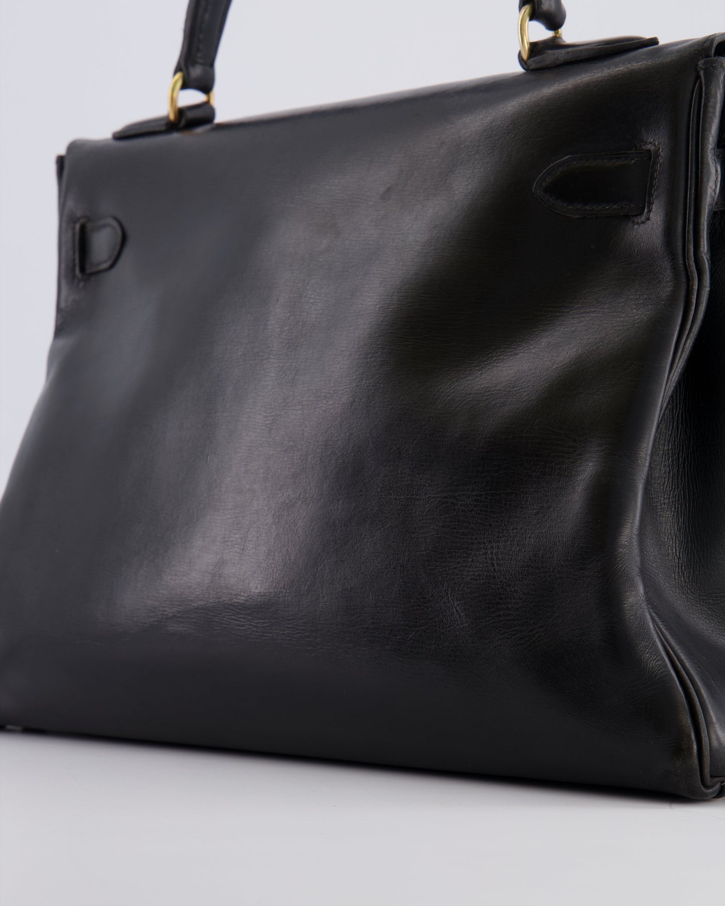 Hermes Vintage Kelly 32 Retourne Bag in Black Calfskin Box Leather with Gold Hardware