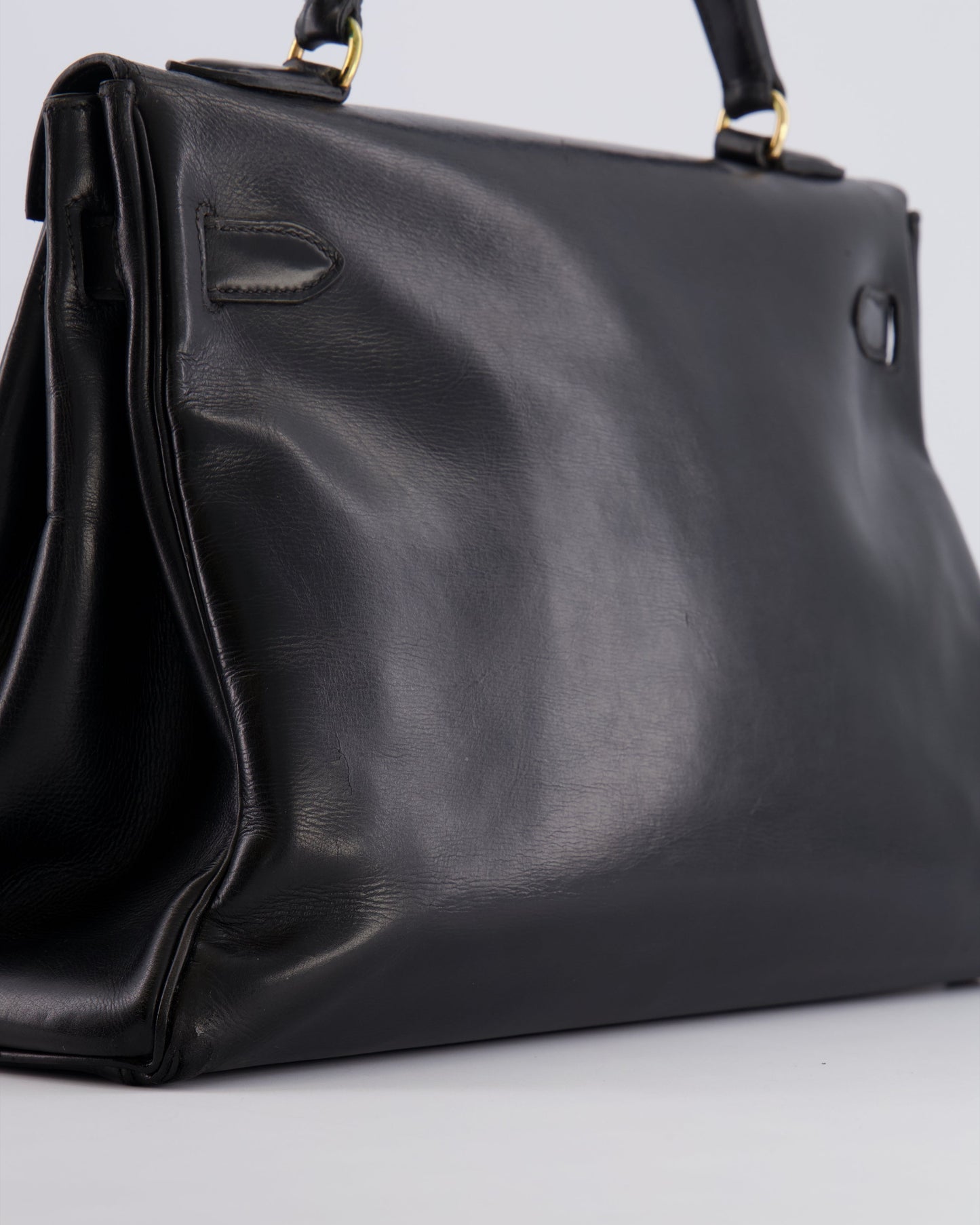 Hermes Vintage Kelly 32 Retourne Bag in Black Calfskin Box Leather with Gold Hardware