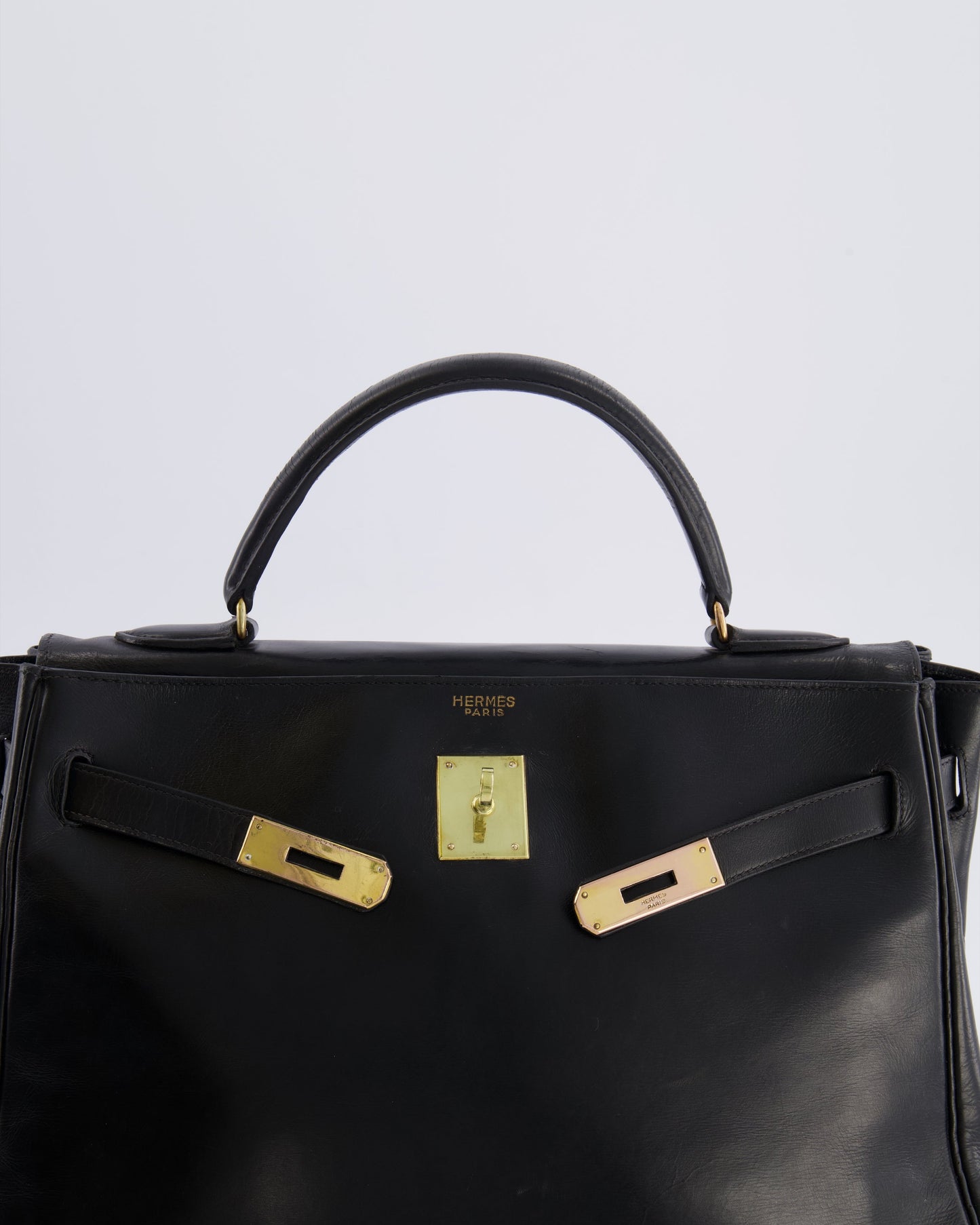 Hermes Vintage Kelly 32 Retourne Bag in Black Calfskin Box Leather with Gold Hardware