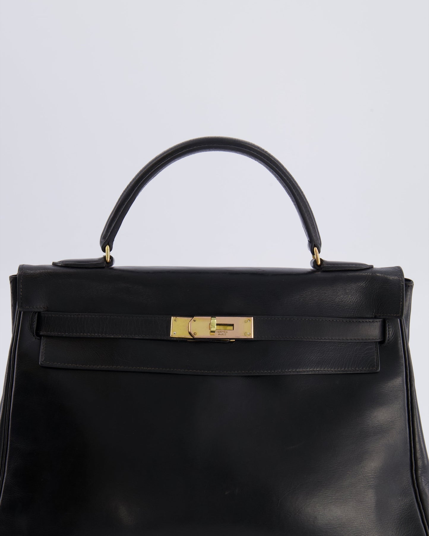 Hermes Vintage Kelly 32 Retourne Bag in Black Calfskin Box Leather with Gold Hardware