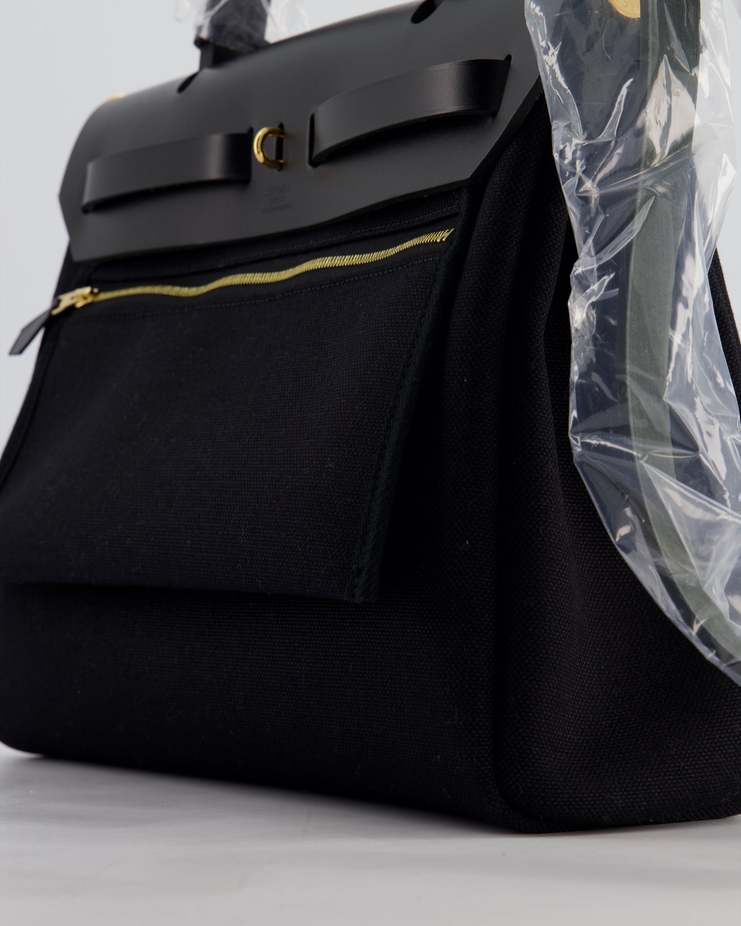 Hermes Herbag 31 Zip Bag in Noir Toile Officier Canvas, Noir Vache Hunter Leather with Gold Hardware