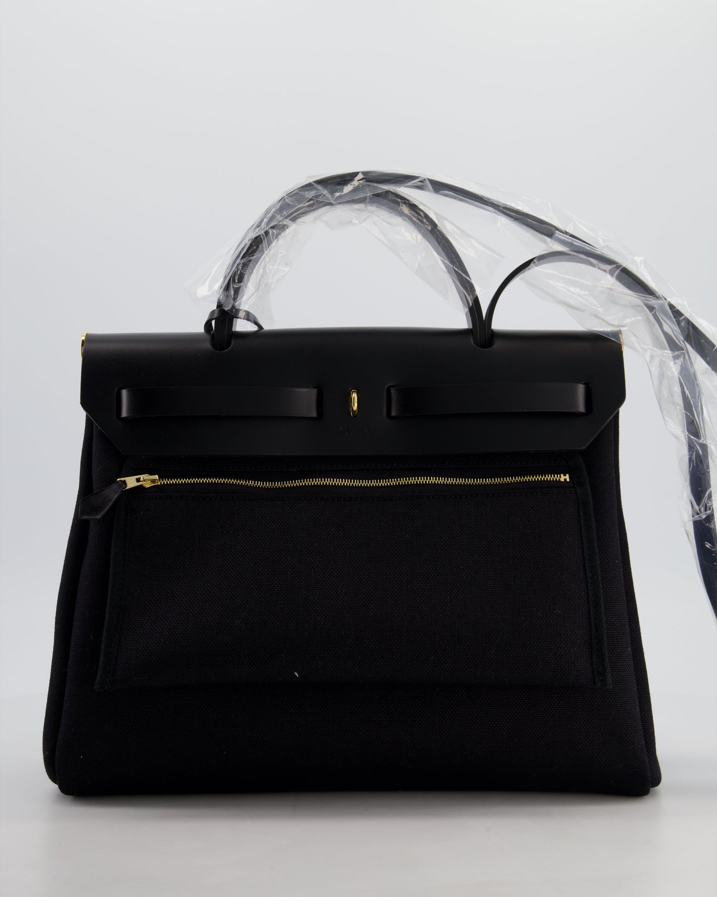 Hermes Herbag 31 Zip Bag in Noir Toile Officier Canvas, Noir Vache Hunter Leather with Gold Hardware