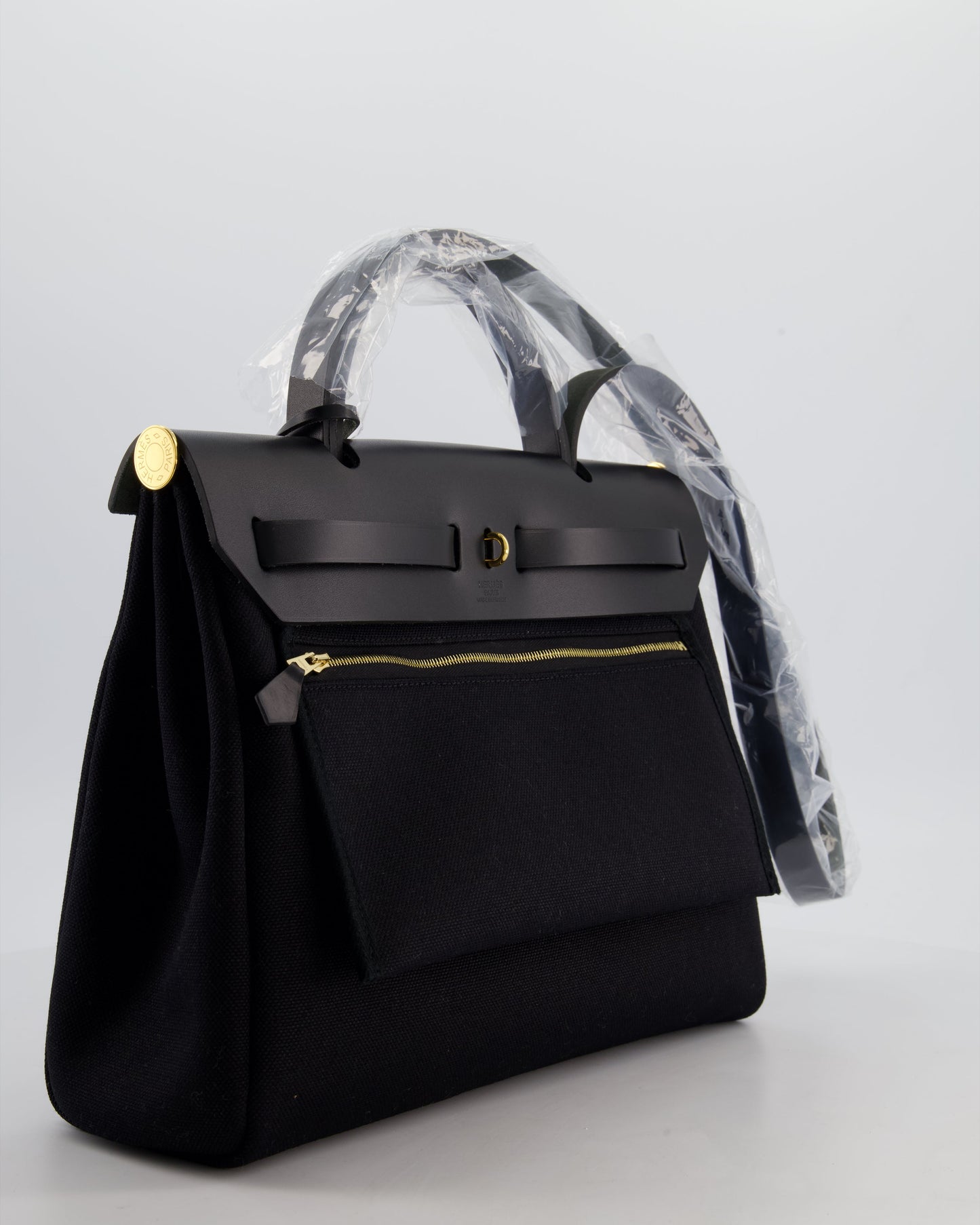 Hermes Herbag 31 Zip Bag in Noir Toile Officier Canvas, Noir Vache Hunter Leather with Gold Hardware