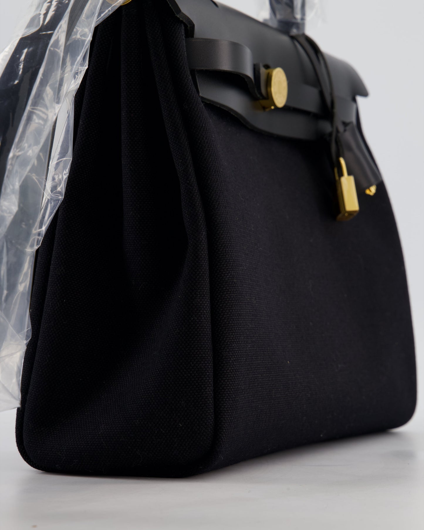 Hermes Herbag 31 Zip Bag in Noir Toile Officier Canvas, Noir Vache Hunter Leather with Gold Hardware