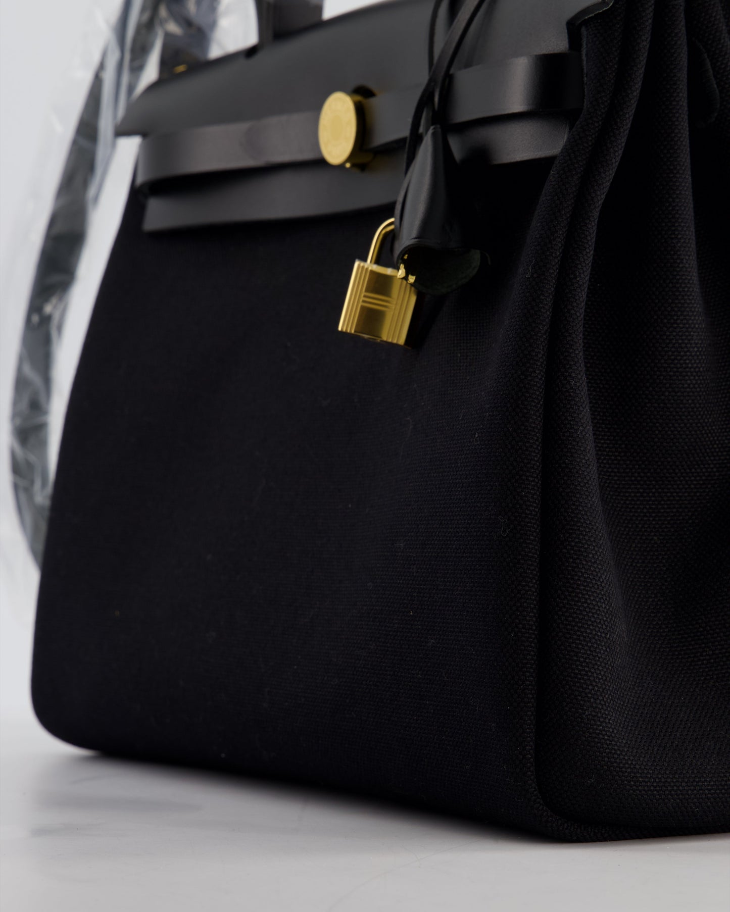 Hermes Herbag 31 Zip Bag in Noir Toile Officier Canvas, Noir Vache Hunter Leather with Gold Hardware