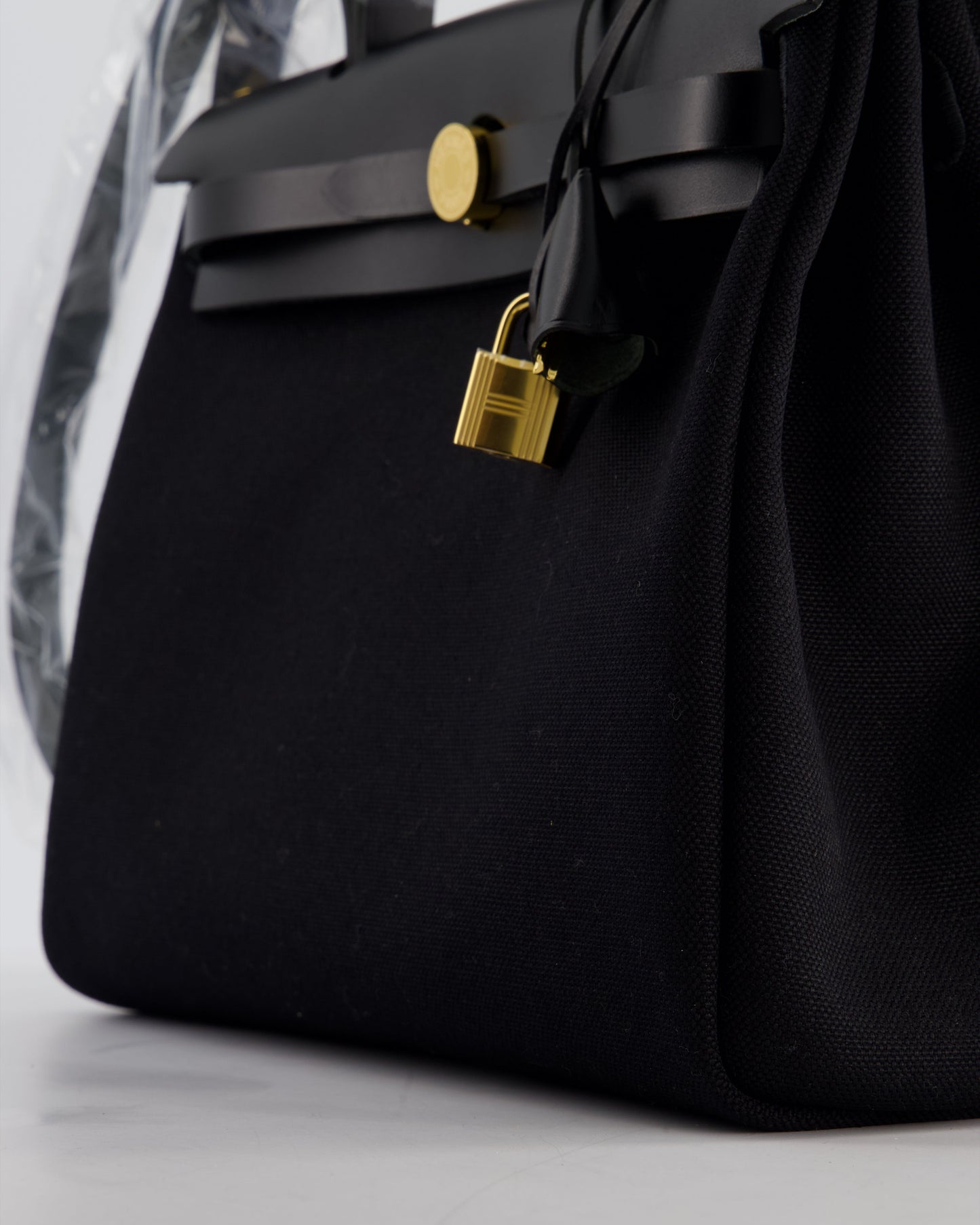 Hermes Herbag 31 Zip Bag in Noir Toile Officier Canvas, Noir Vache Hunter Leather with Gold Hardware
