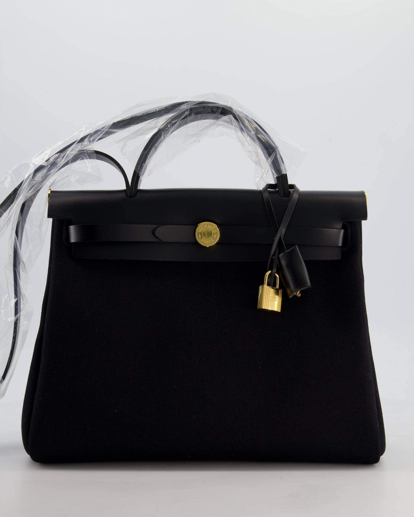 Hermes Herbag 31 Zip Bag in Noir Toile Officier Canvas, Noir Vache Hunter Leather with Gold Hardware