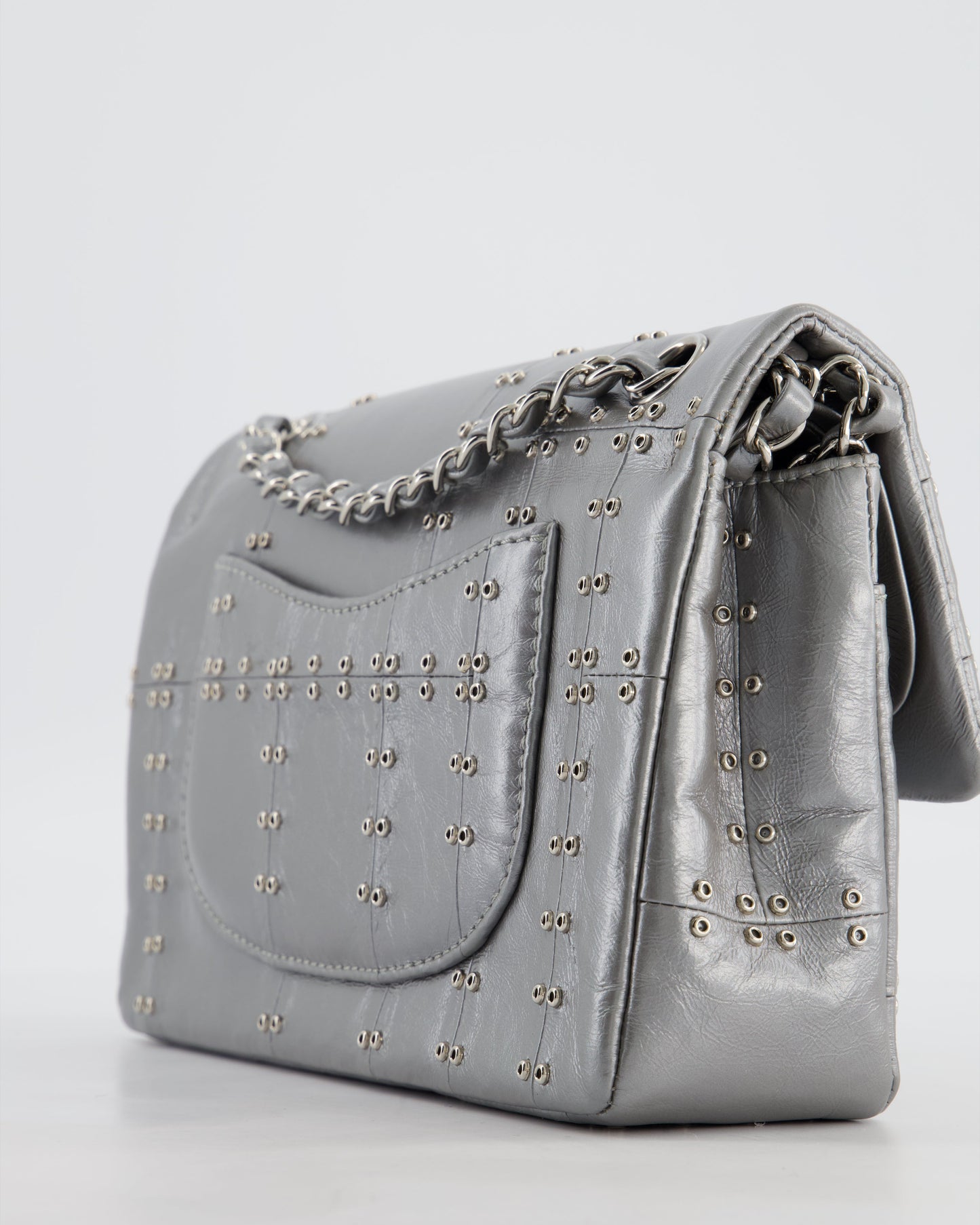 Chanel Silver Medium Airline Double Flap Bag in Glazed Calfskin with Grommet Embellishment Detail and Silver Hardware