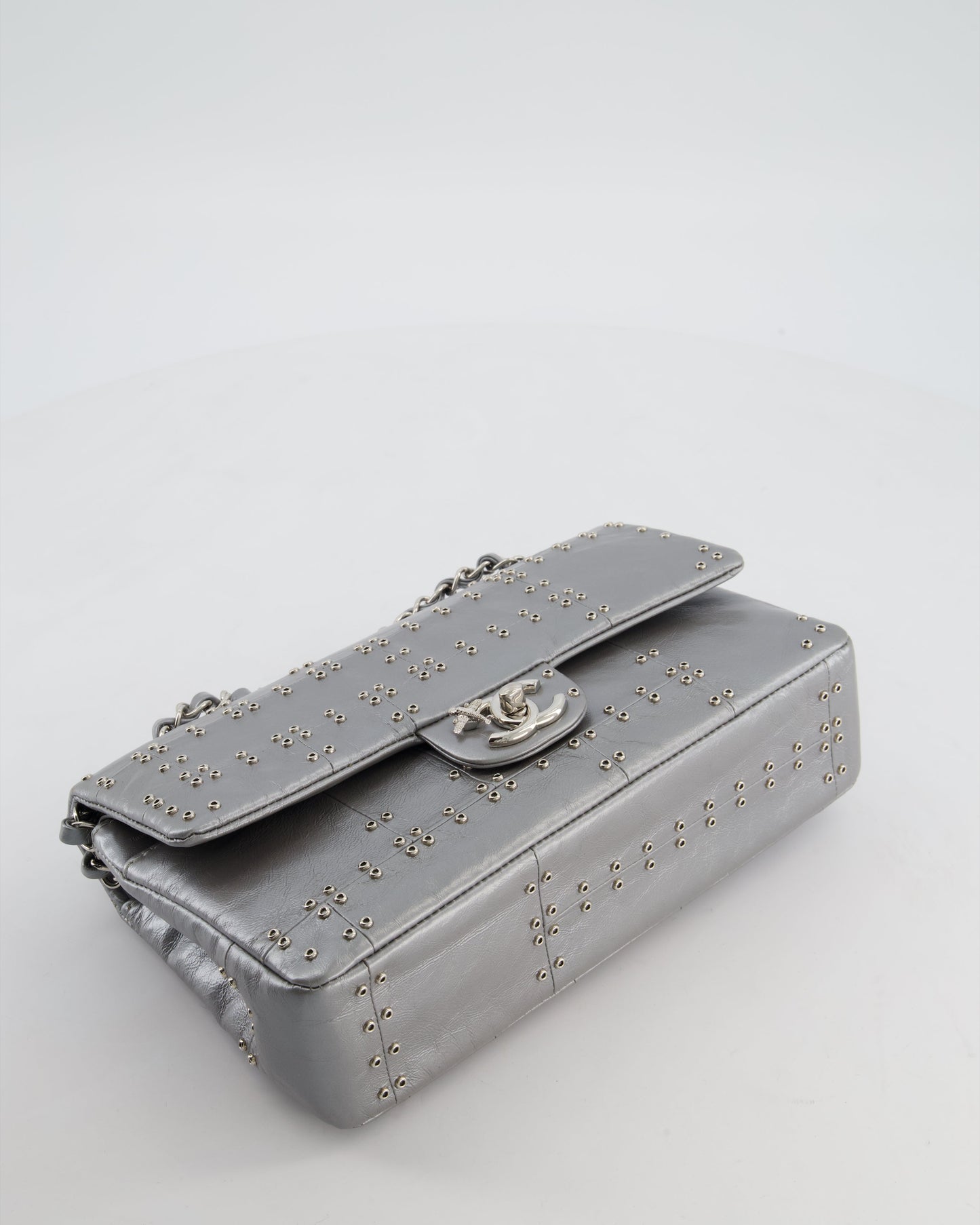 Chanel Silver Medium Airline Double Flap Bag in Glazed Calfskin with Grommet Embellishment Detail and Silver Hardware