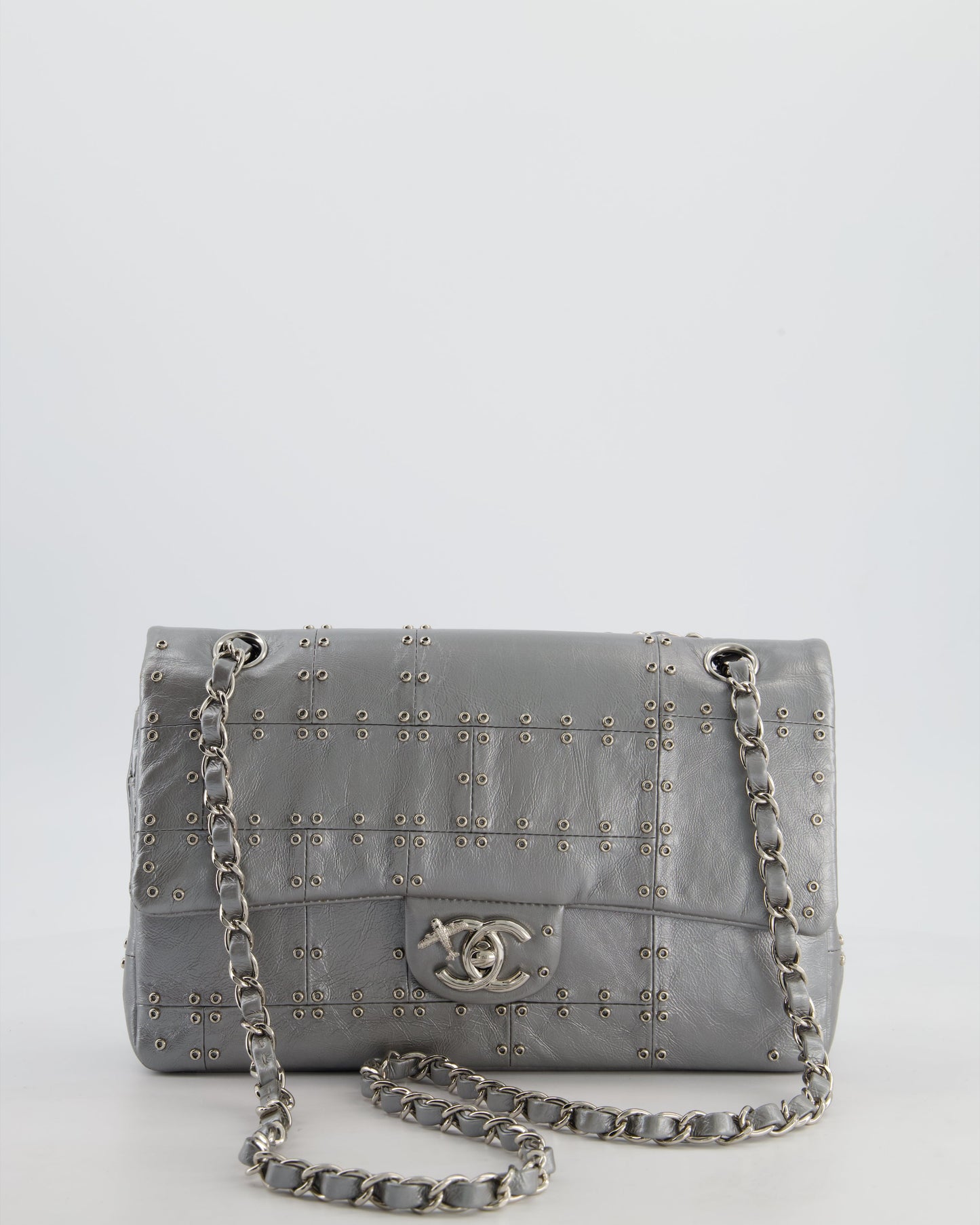 Chanel Silver Medium Airline Double Flap Bag in Glazed Calfskin with Grommet Embellishment Detail and Silver Hardware