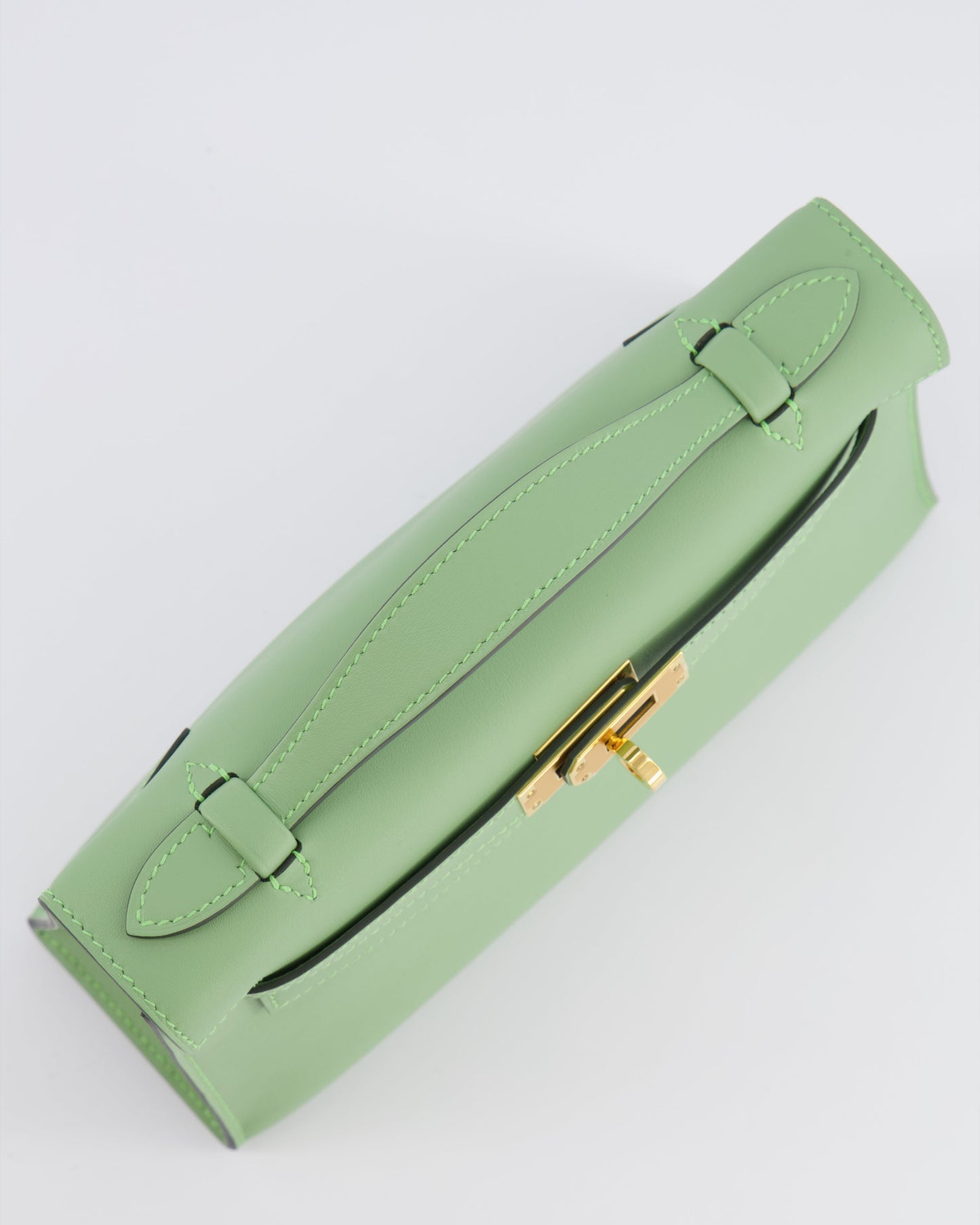 *HOT COLOUR* Hermes Mini Kelly Pochette Bag in Vert Criquet Swift Leather with Gold Hardware