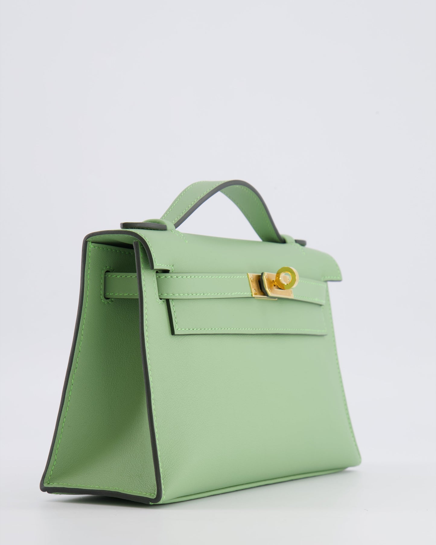 *HOT COLOUR* Hermes Mini Kelly Pochette Bag in Vert Criquet Swift Leather with Gold Hardware