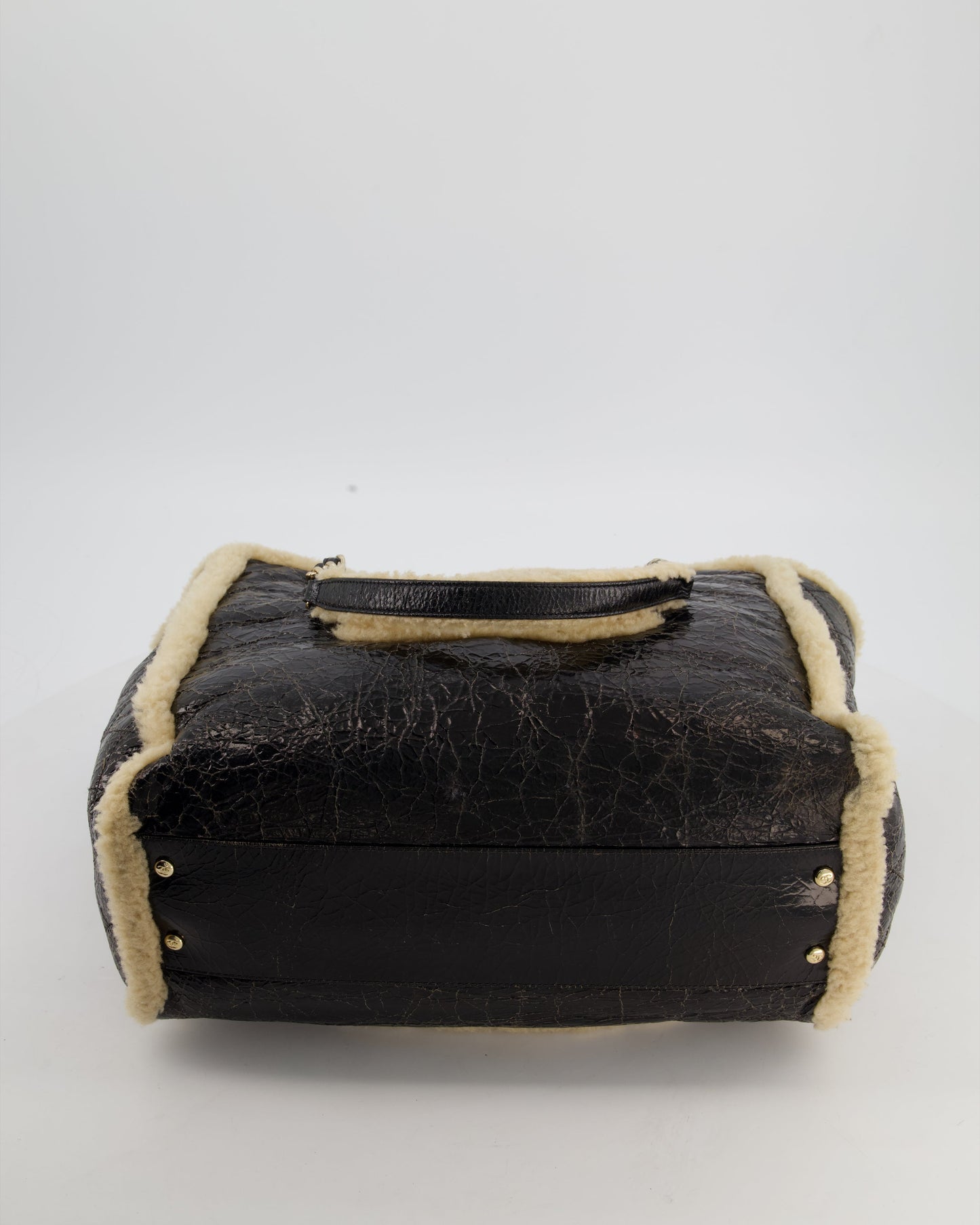 Chanel Black Shiny Crumpled Shearling CC Mania Deauville Tote Bag with Champagne Gold Hardware