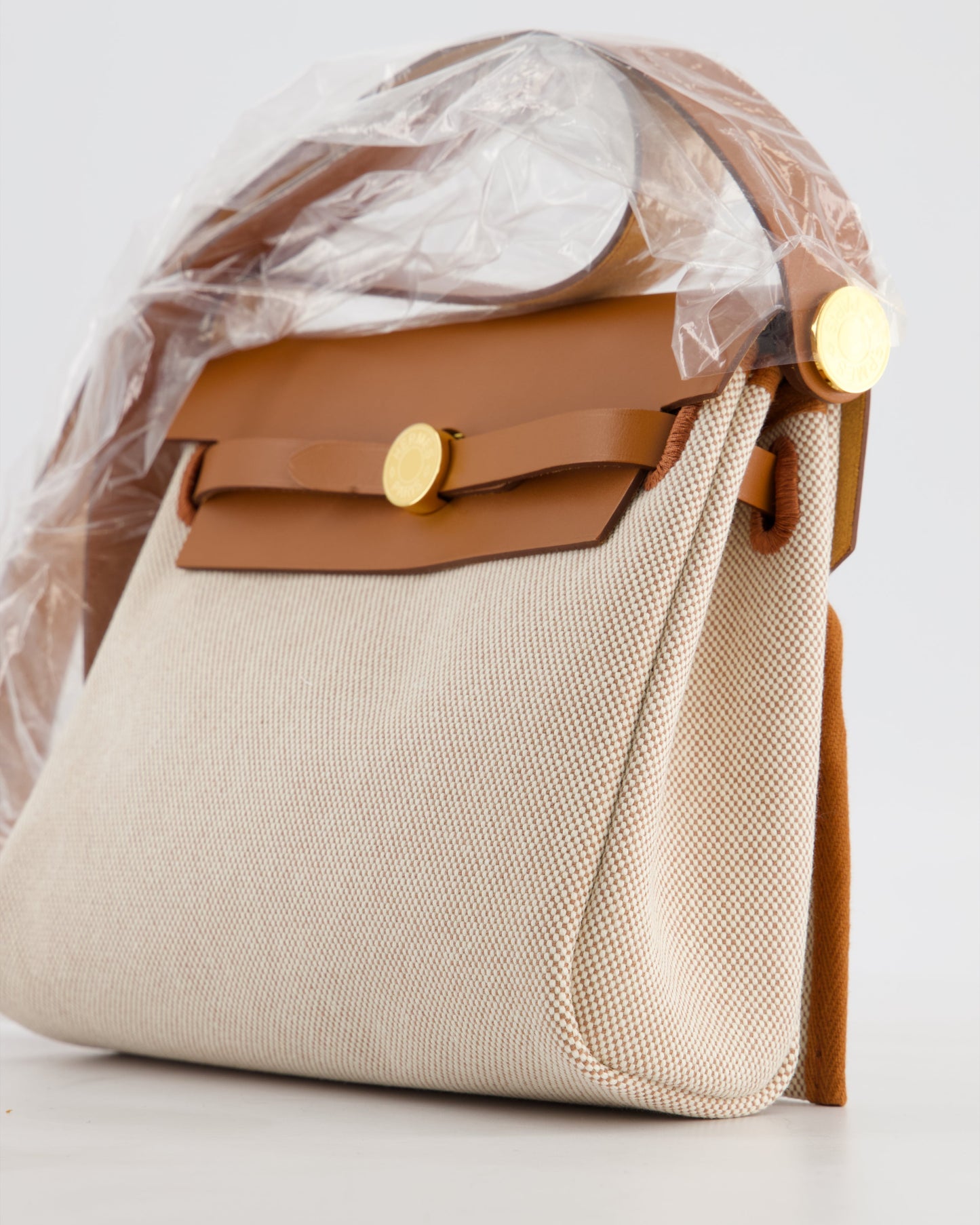 *HOT* Hermes Herbag Zip 20 Bag in Fauve Vache Hunter Leather & Ecru/Beige Viking Canvas with Gold Hardware