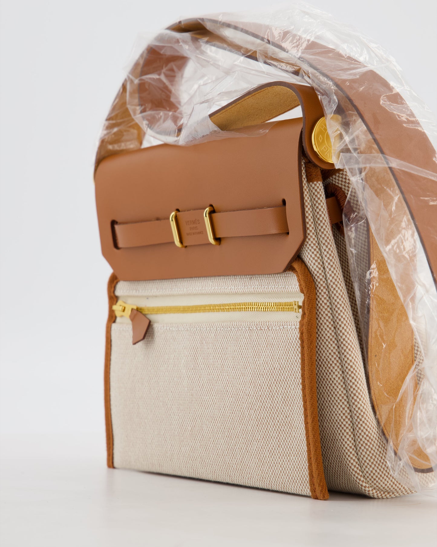 *HOT* Hermes Herbag Zip 20 Bag in Fauve Vache Hunter Leather & Ecru/Beige Viking Canvas with Gold Hardware