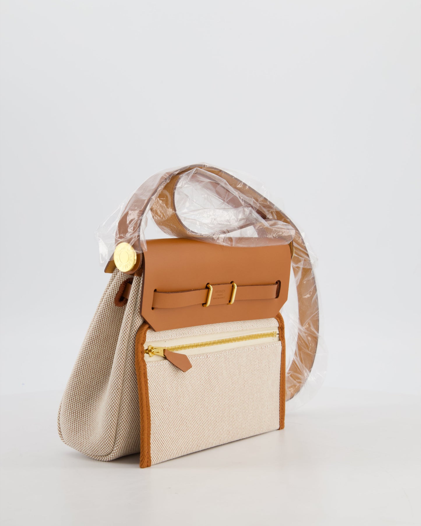 *HOT* Hermes Herbag Zip 20 Bag in Fauve Vache Hunter Leather & Ecru/Beige Viking Canvas with Gold Hardware