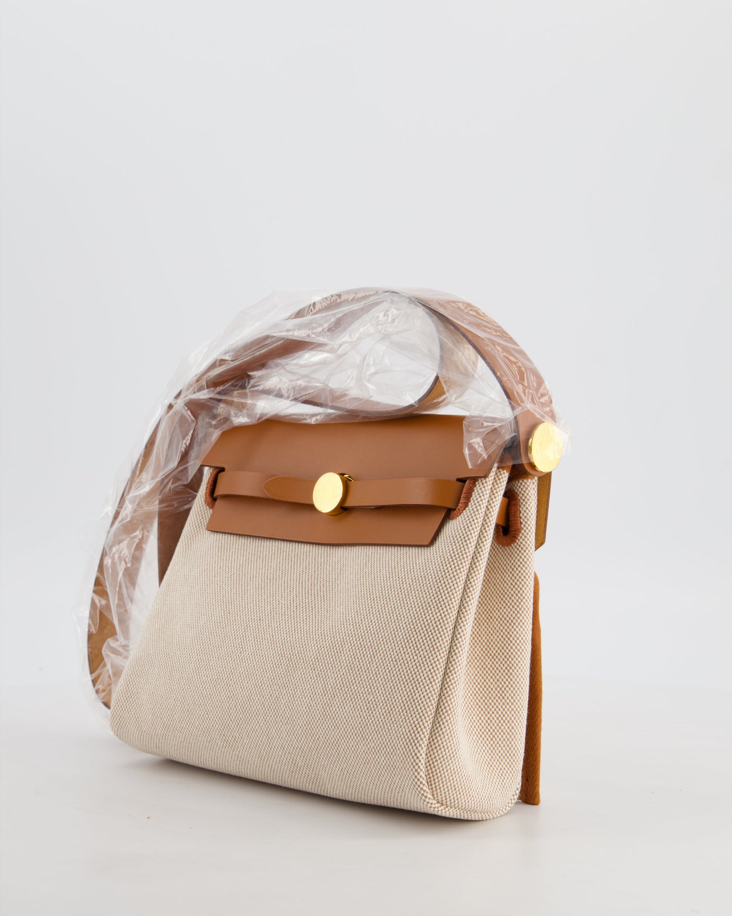 *HOT* Hermes Herbag Zip 20 Bag in Fauve Vache Hunter Leather & Ecru/Beige Viking Canvas with Gold Hardware