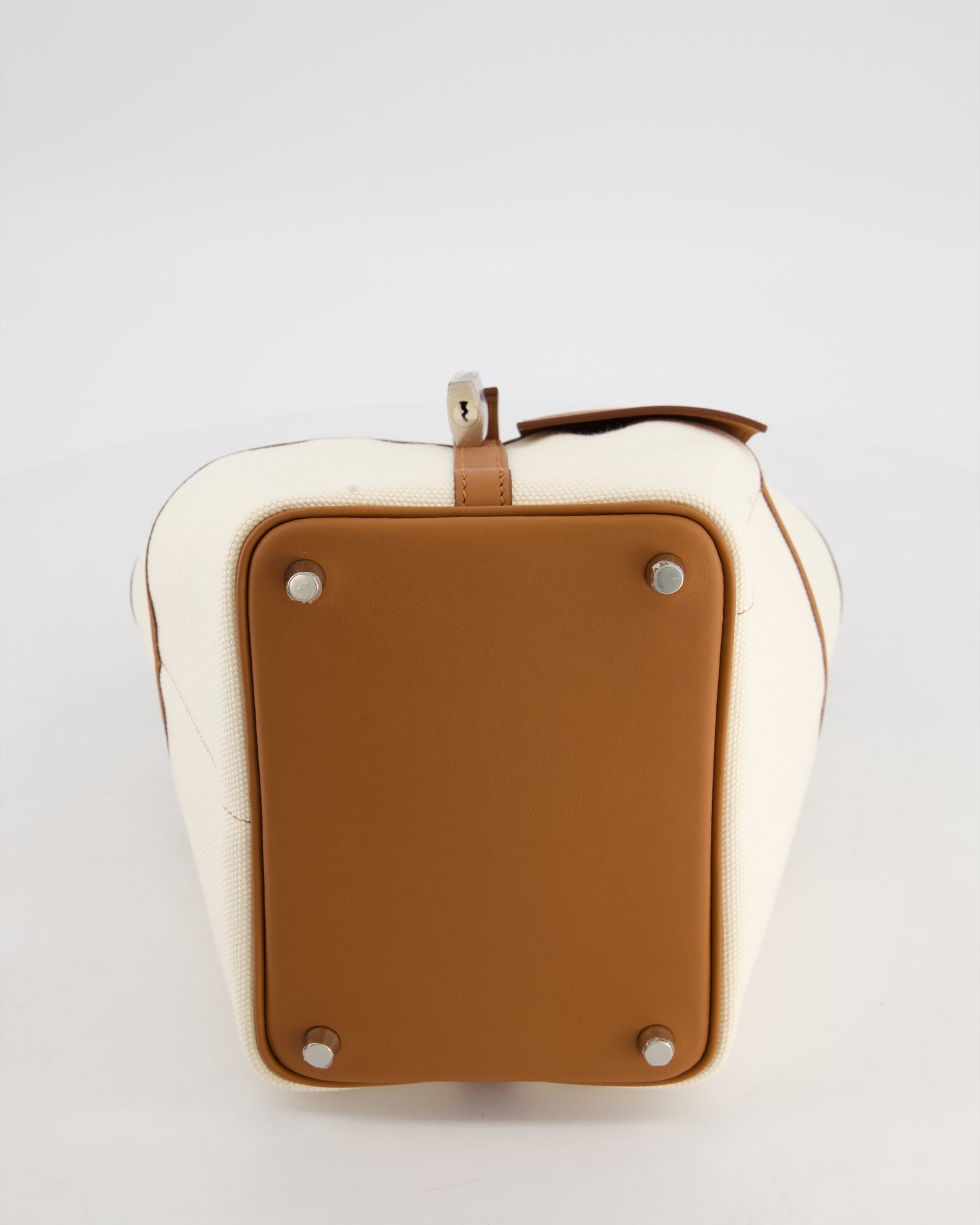 *HOT* Hermes Picotin 18 Lock Cargo Bag in Ecru Canvas & Gold Swift Leather with Palladium Hardware