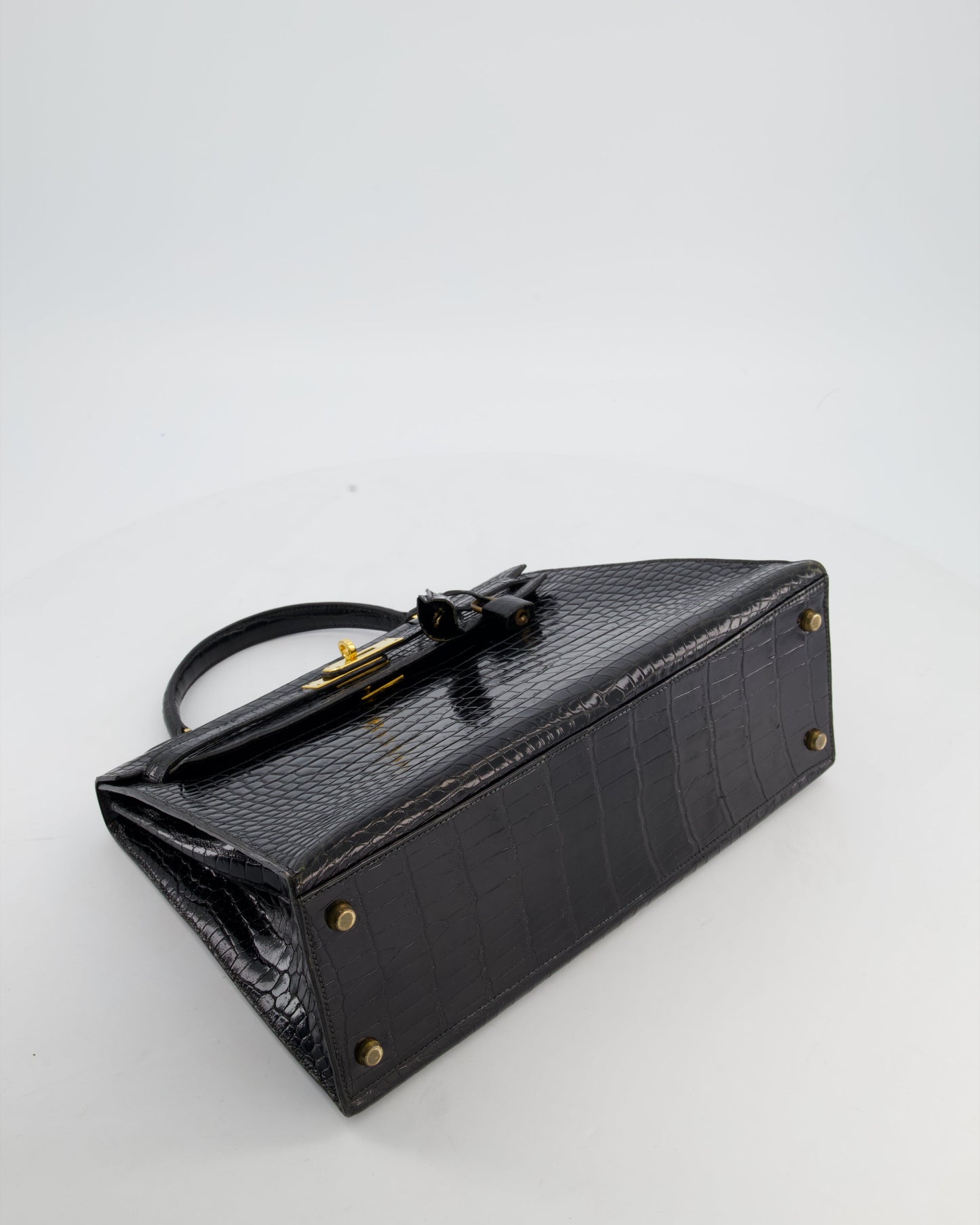 *HOT* Hermes Vintage Kelly 32 Sellier Bag in Noir Porosus Crocodile Leather with Gold Hardware