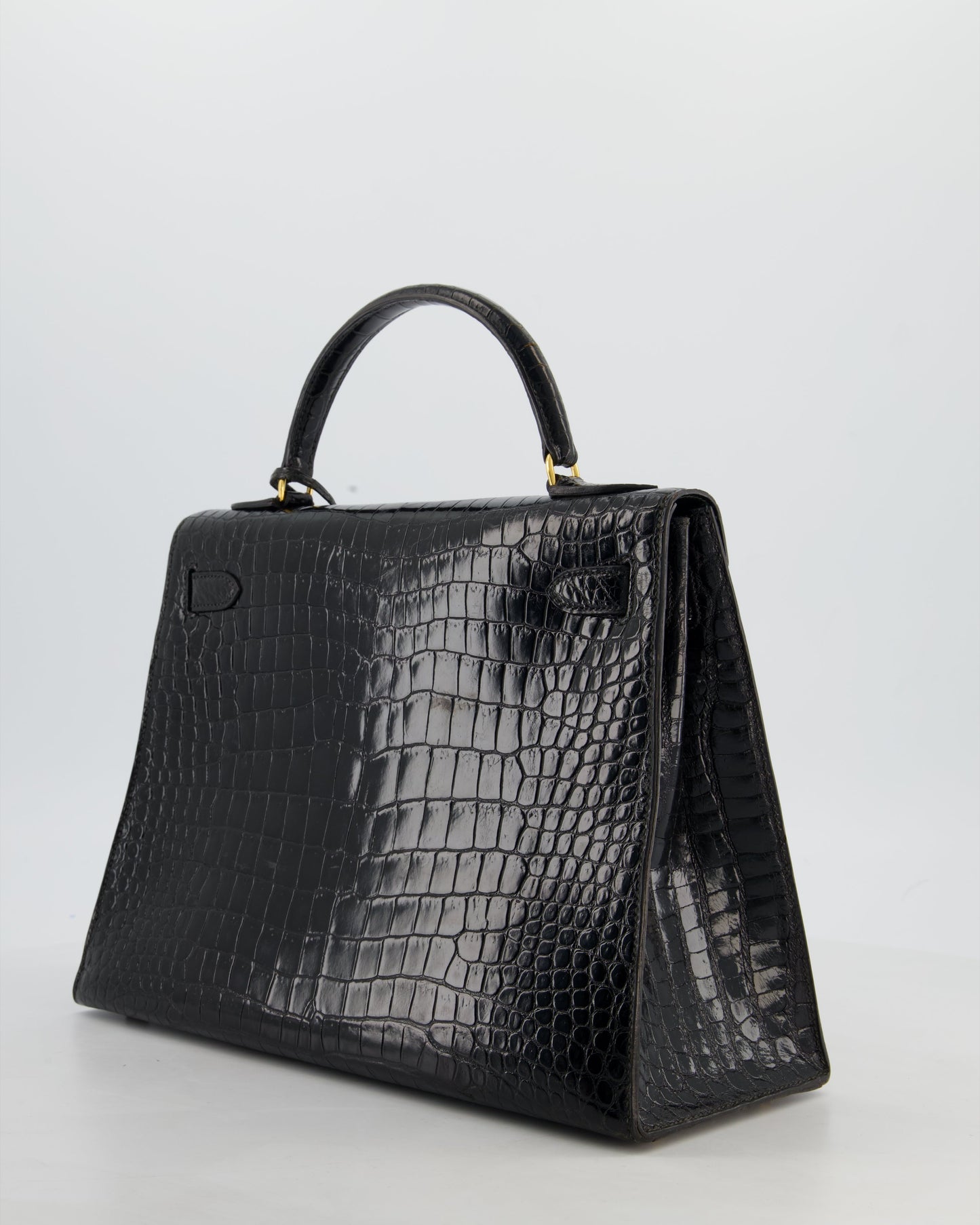 *HOT* Hermes Vintage Kelly 32 Sellier Bag in Noir Porosus Crocodile Leather with Gold Hardware