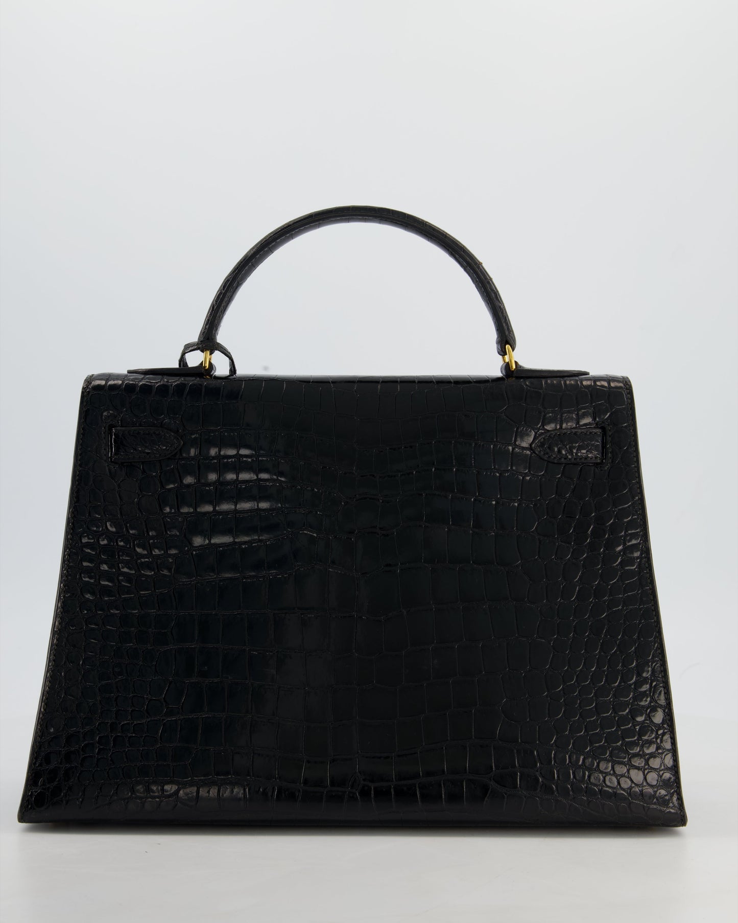 *HOT* Hermes Vintage Kelly 32 Sellier Bag in Noir Porosus Crocodile Leather with Gold Hardware