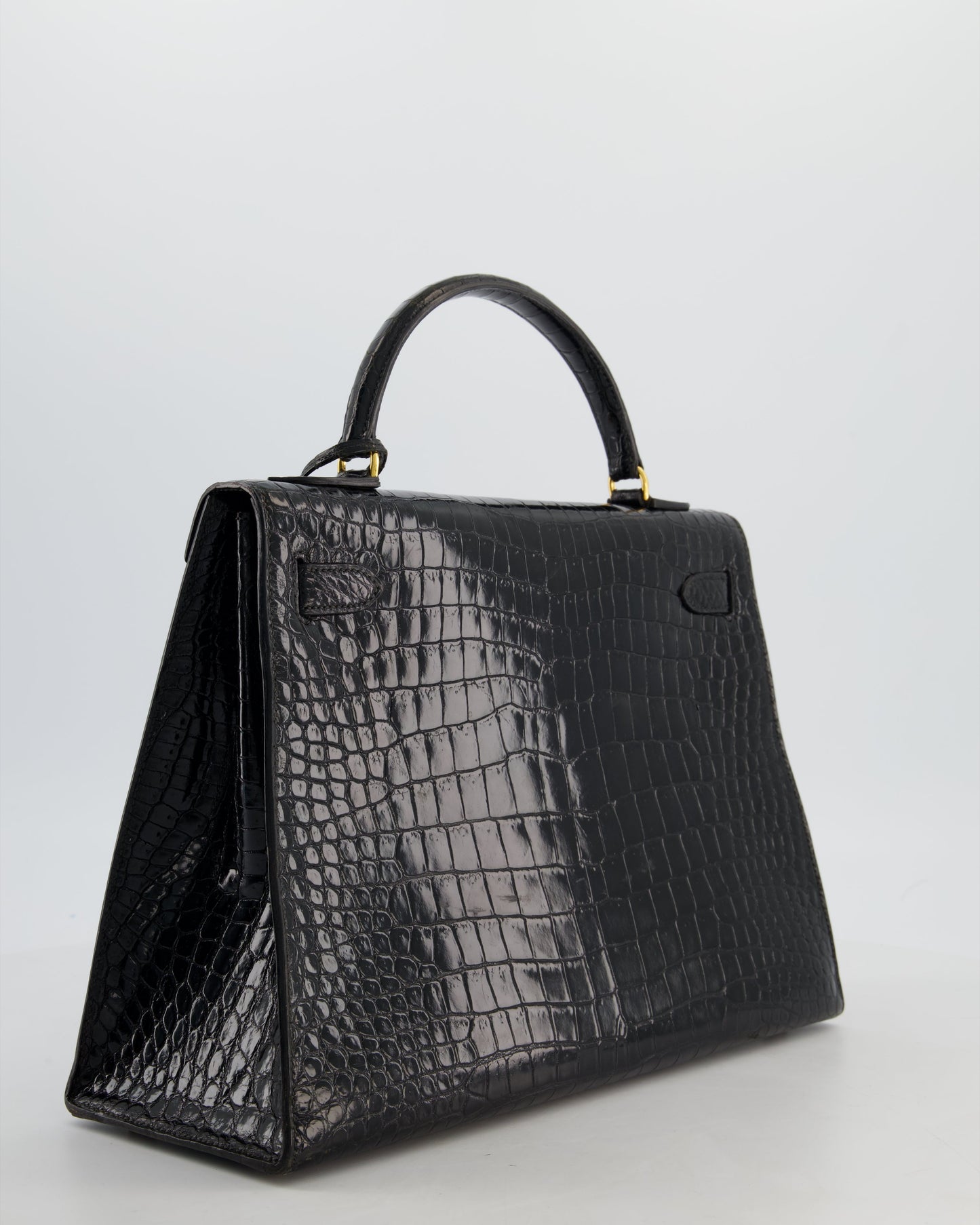 *HOT* Hermes Vintage Kelly 32 Sellier Bag in Noir Porosus Crocodile Leather with Gold Hardware