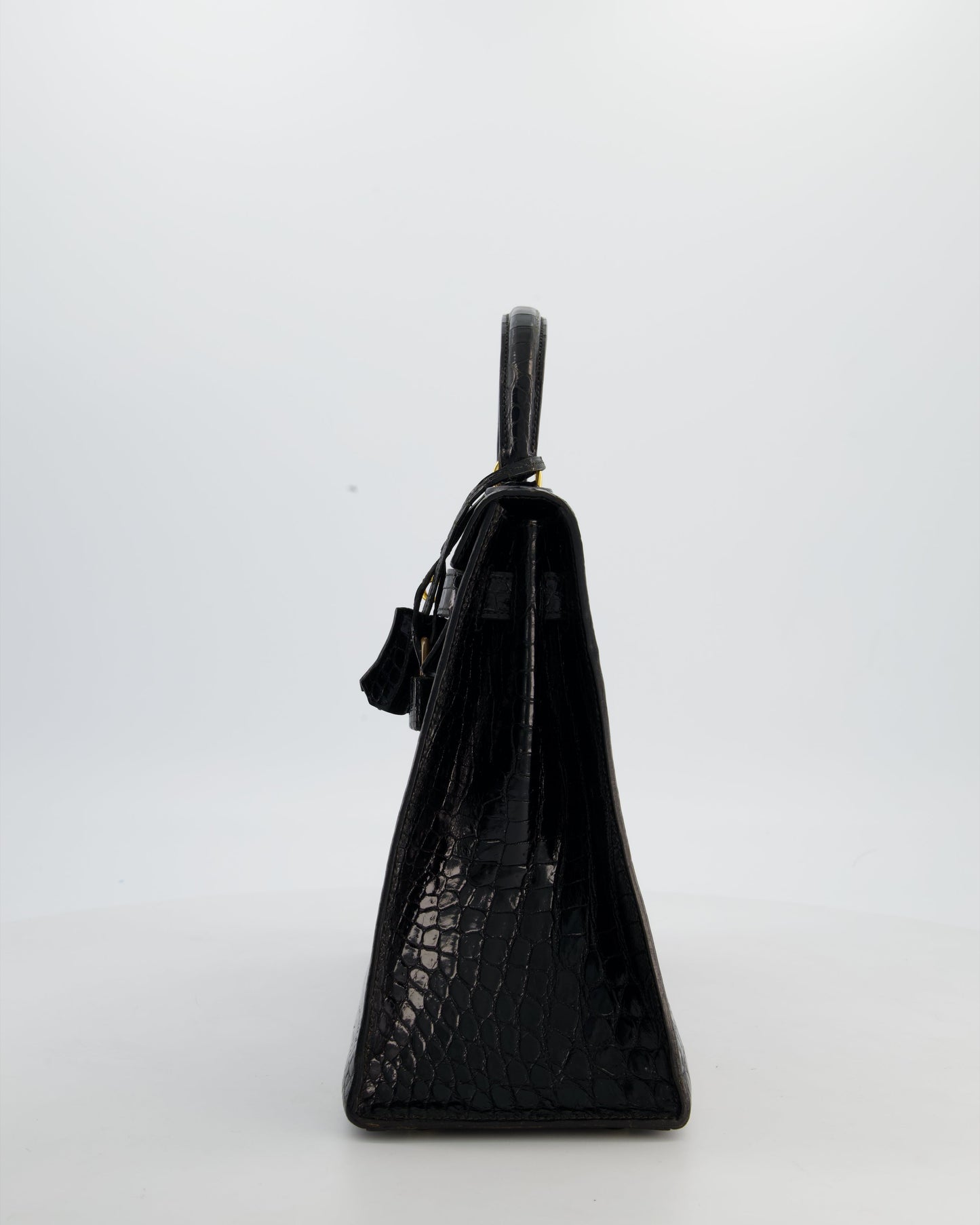 *HOT* Hermes Vintage Kelly 32 Sellier Bag in Noir Porosus Crocodile Leather with Gold Hardware
