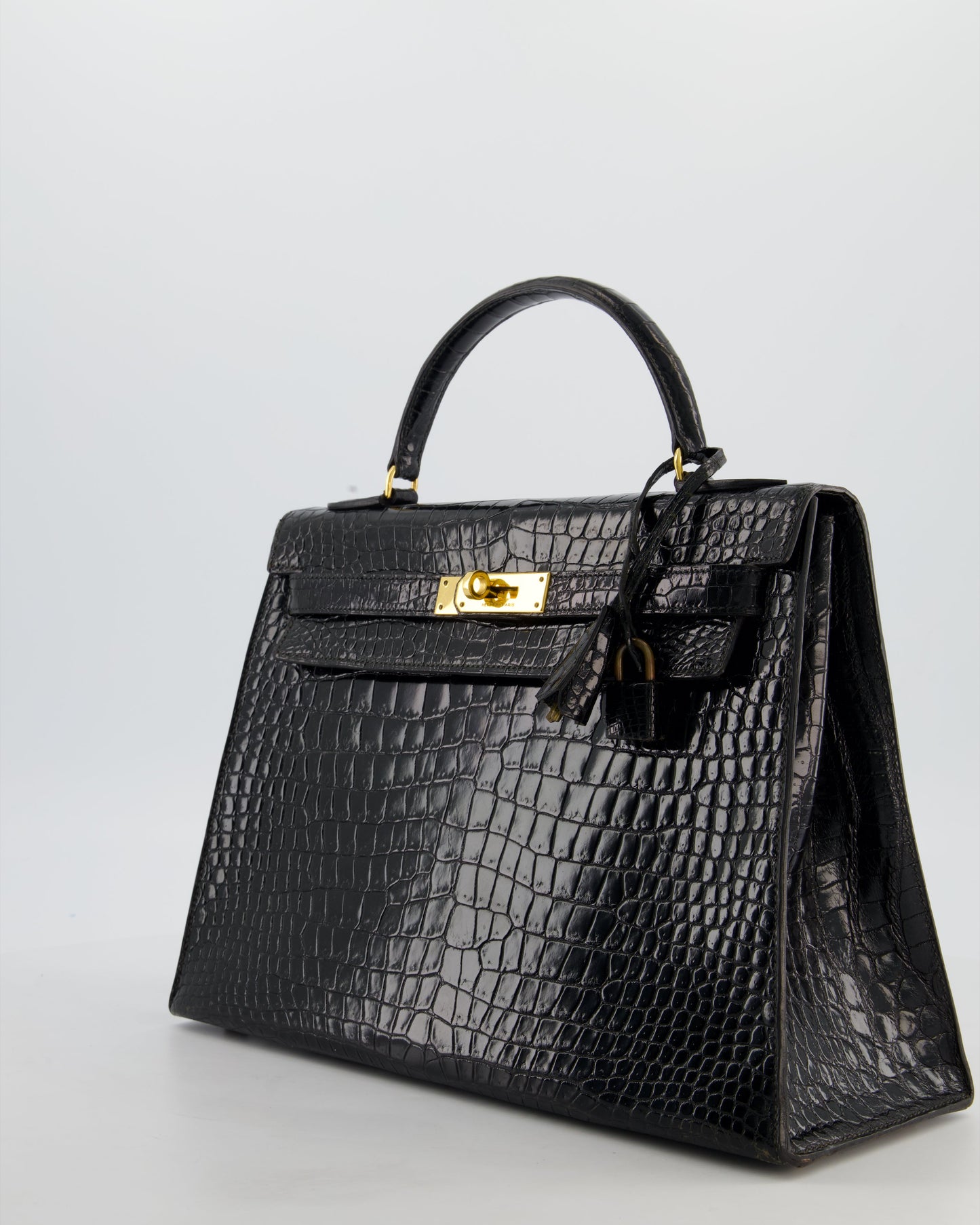 *HOT* Hermes Vintage Kelly 32 Sellier Bag in Noir Porosus Crocodile Leather with Gold Hardware
