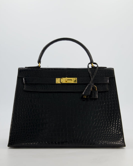 *HOT* Hermes Vintage Kelly 32 Sellier Bag in Noir Porosus Crocodile Leather with Gold Hardware