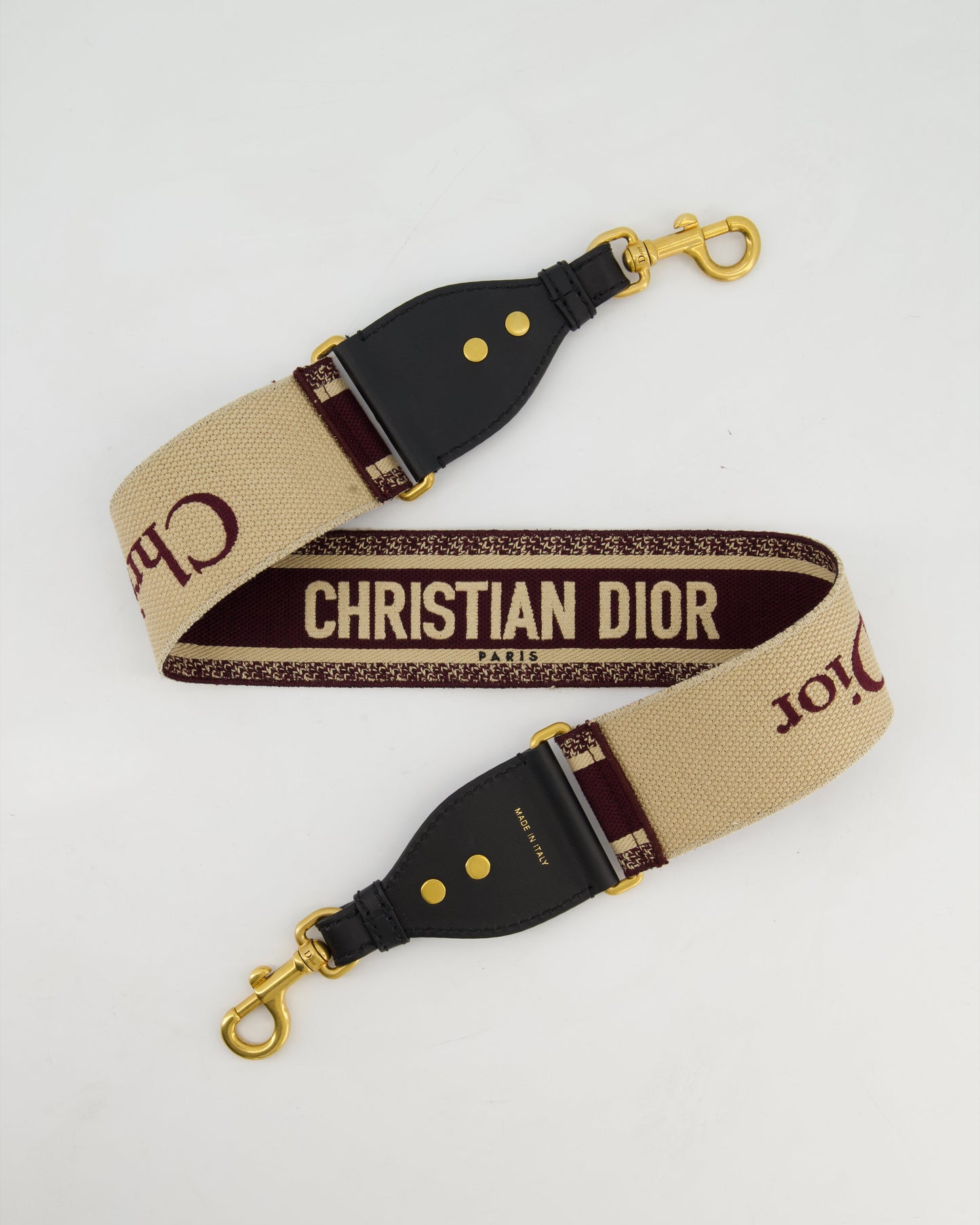 Christian Dior Burgundy & Ecru Canvas Guitar Bag Strap with Antique Gold Hardware & Black Leather