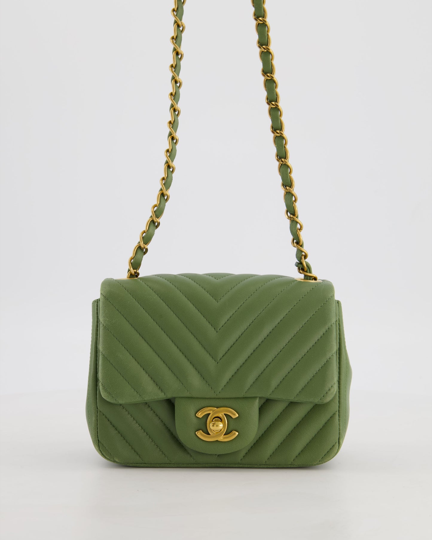 Chanel Olive Green Chevron Lambskin Leather Mini Square Classic Flap Bag with Gold Hardware