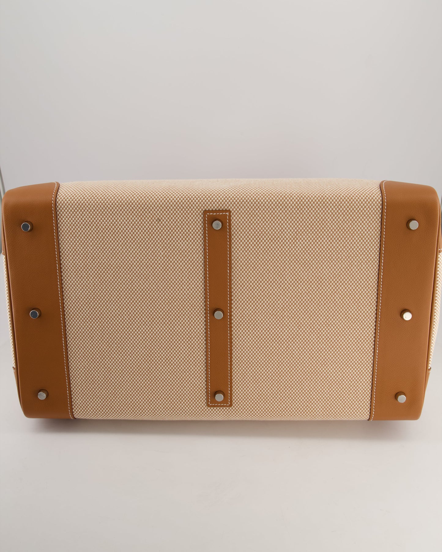 *RARE* Hermes Haut à Courroies HAC 50 Bag in Gold Evercolour Leather & Écru/Beige Toile Cross Canvas with Palladium Hardware
