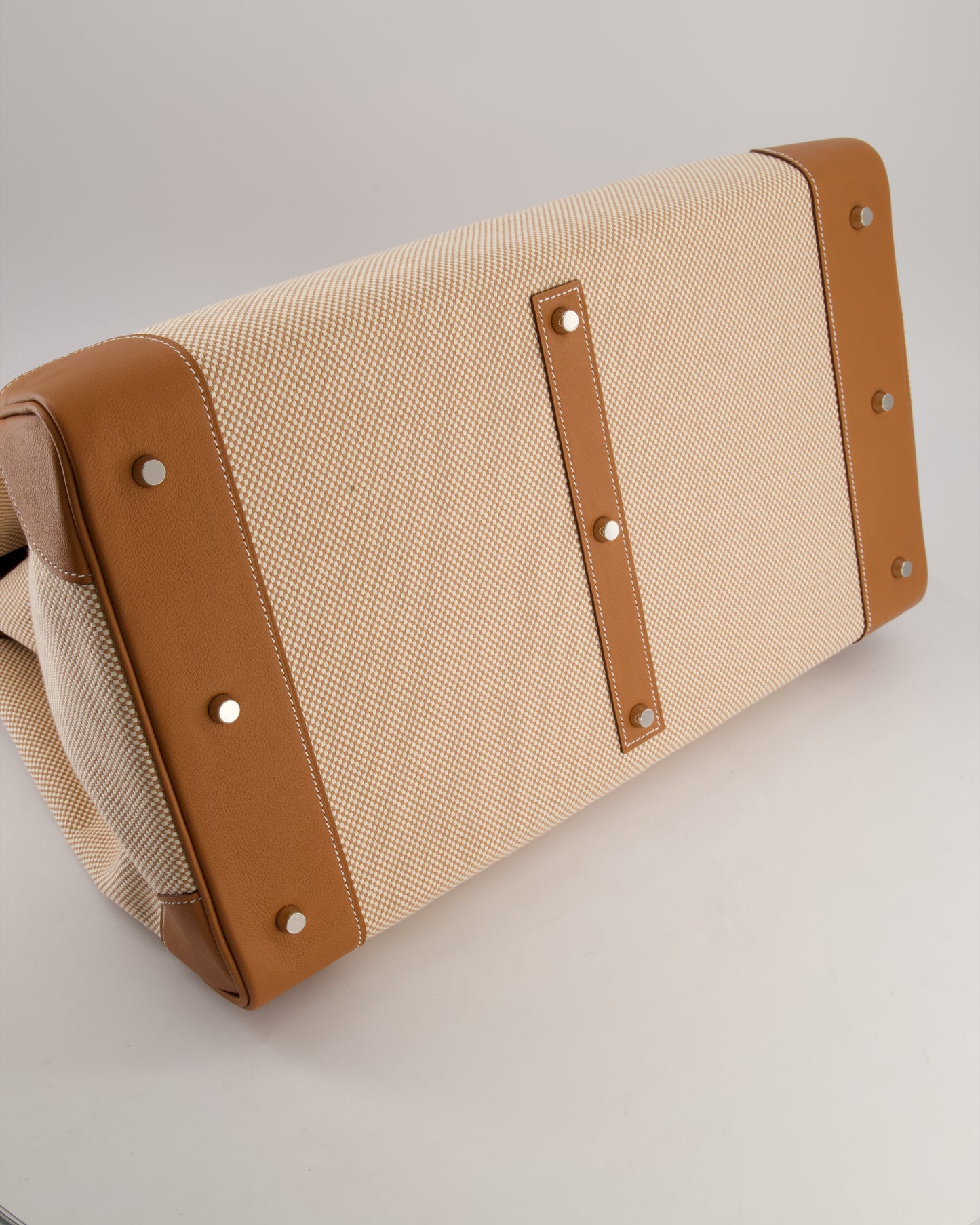 *RARE* Hermes Haut à Courroies HAC 50 Bag in Gold Evercolour Leather & Écru/Beige Toile Cross Canvas with Palladium Hardware