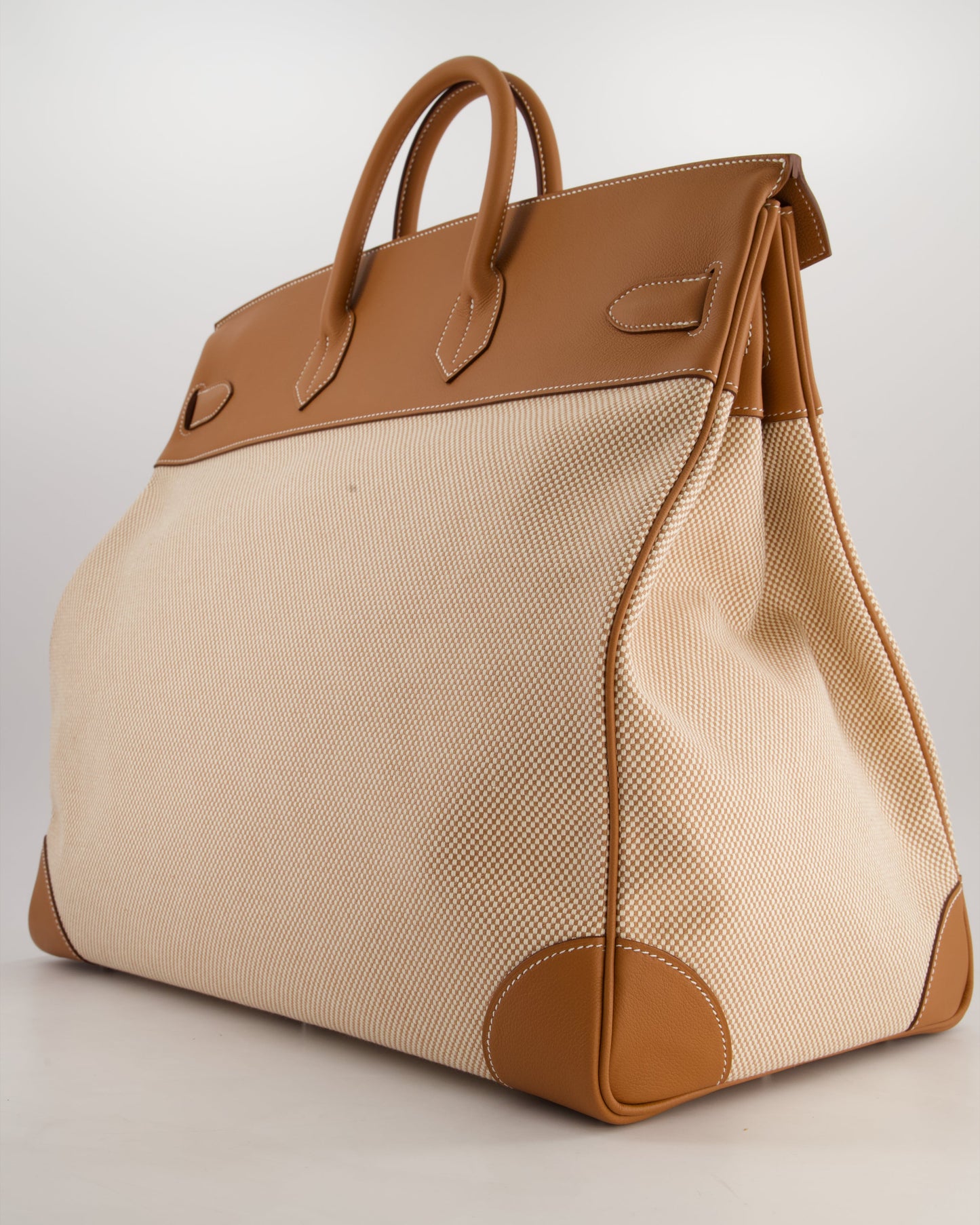 *RARE* Hermes Haut à Courroies HAC 50 Bag in Gold Evercolour Leather & Écru/Beige Toile Cross Canvas with Palladium Hardware