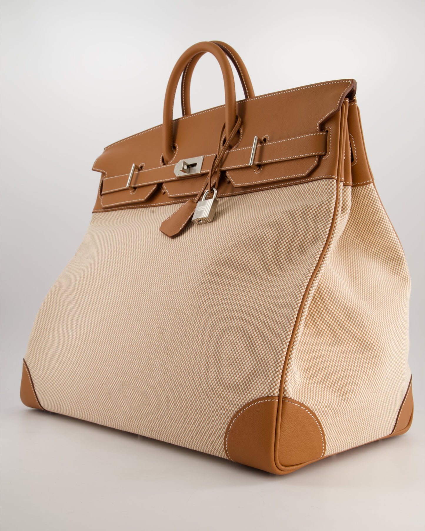 *RARE* Hermes Haut à Courroies HAC 50 Bag in Gold Evercolour Leather & Écru/Beige Toile Cross Canvas with Palladium Hardware