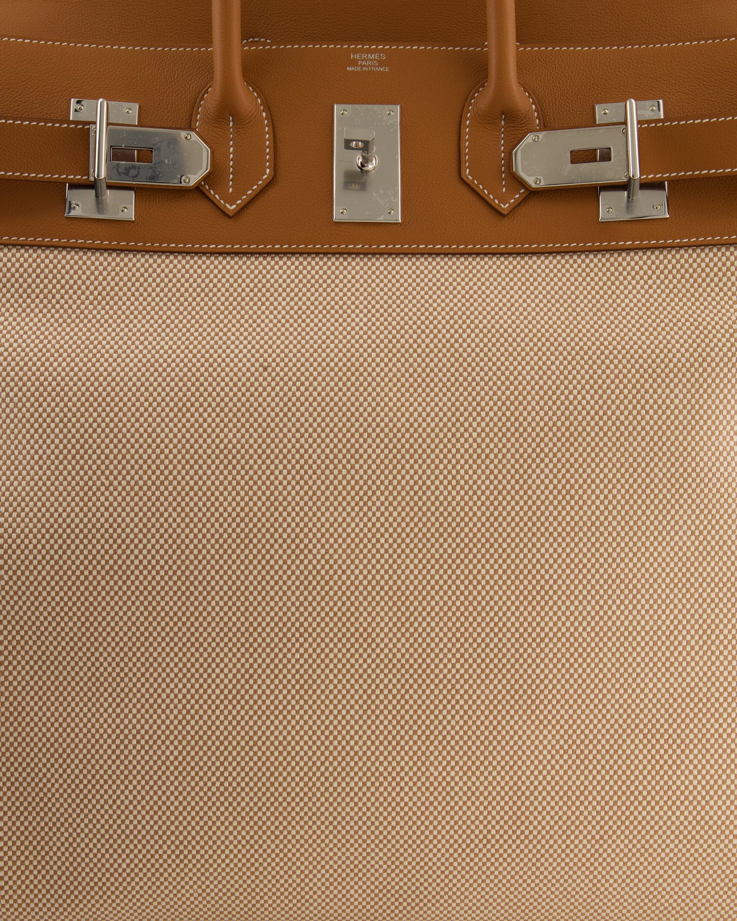 *RARE* Hermes Haut à Courroies HAC 50 Bag in Gold Evercolour Leather & Écru/Beige Toile Cross Canvas with Palladium Hardware