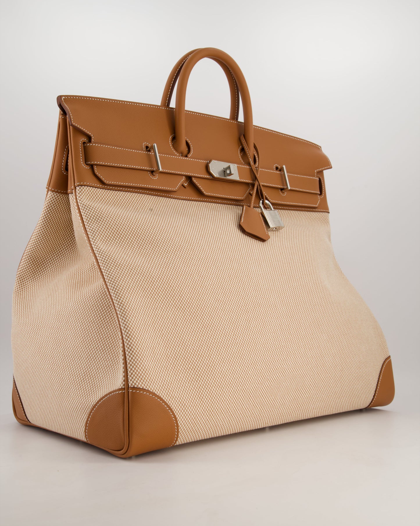 *RARE* Hermes Haut à Courroies HAC 50 Bag in Gold Evercolour Leather & Écru/Beige Toile Cross Canvas with Palladium Hardware