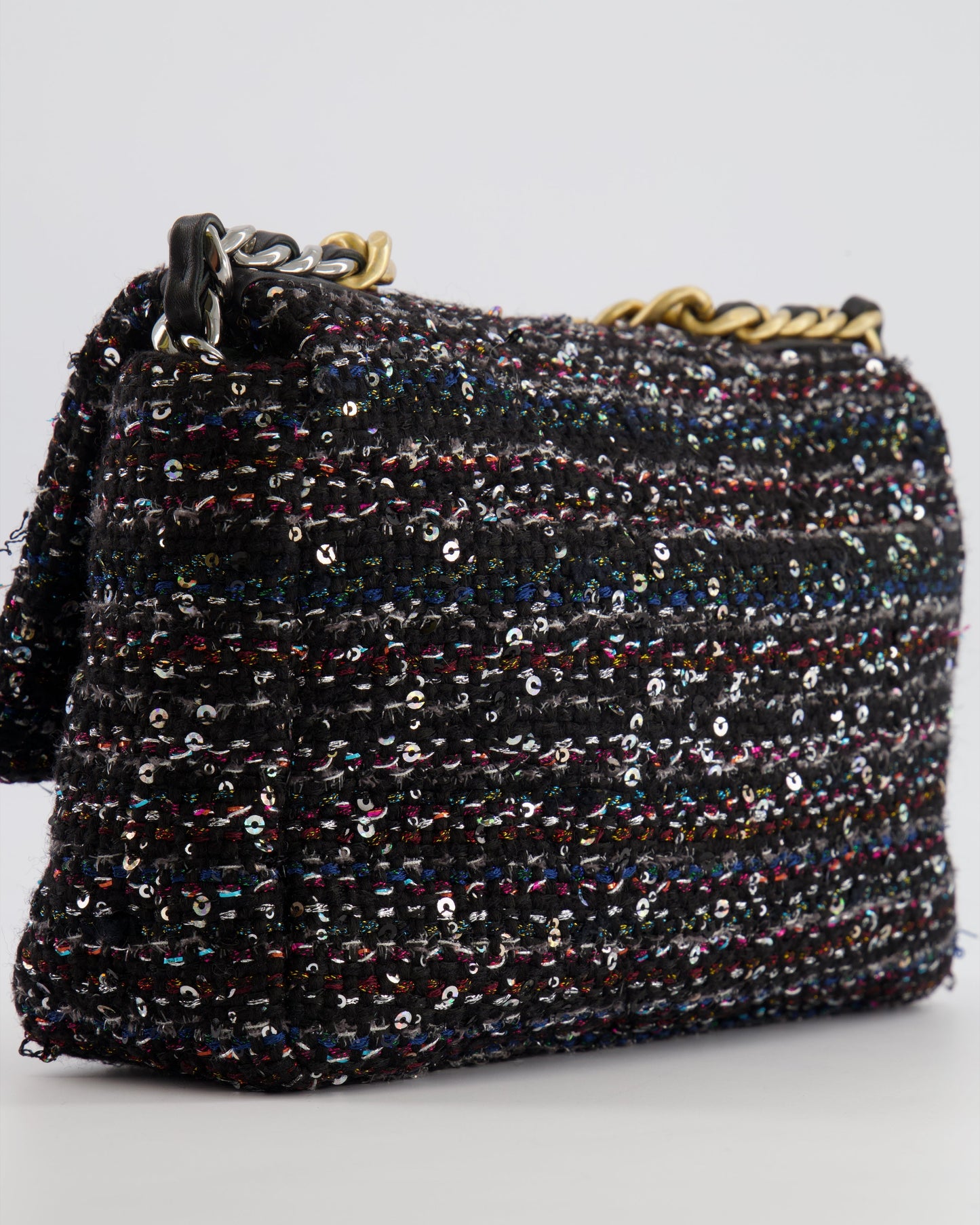 Chanel Small 19 Flap Bag in Black Tweed and Multicolour Sequins with Mixed Hardware