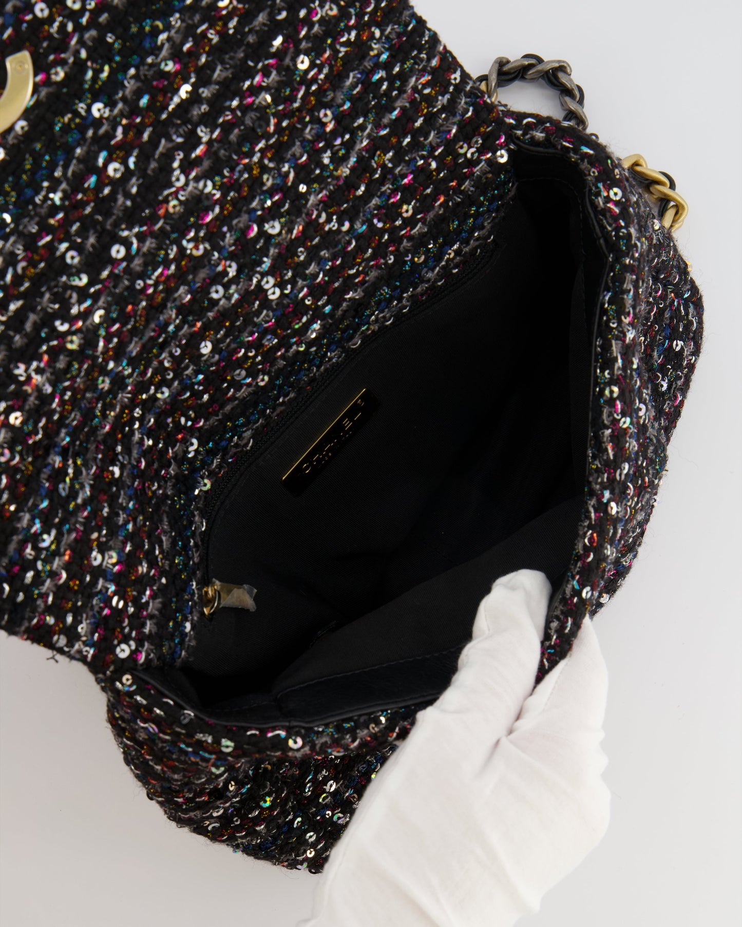 Chanel Small 19 Flap Bag in Black Tweed and Multicolour Sequins with Mixed Hardware