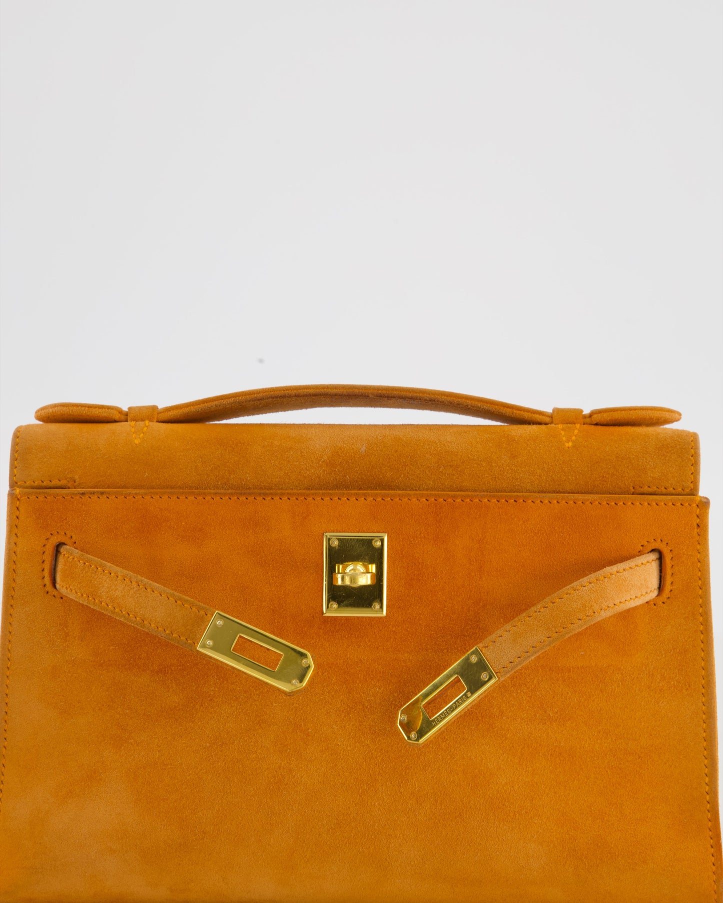 Hermes Vintage Mini Kelly Pochette Bag in Orange Veau Doblis Leather with Gold Hardware