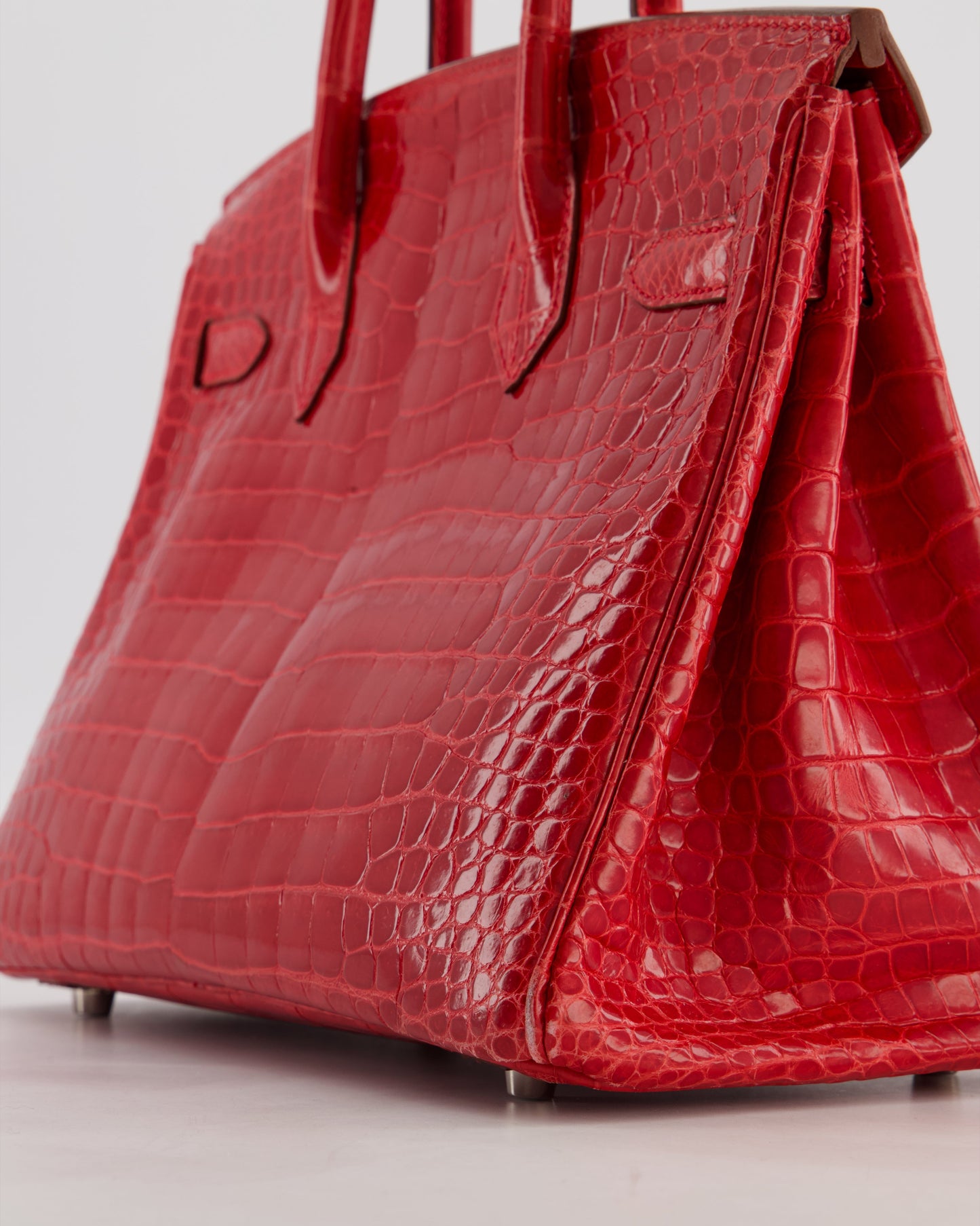 *HOT & RARE* Hermes Birkin 30 Retourne Bag in Braise Shiny Porosus Crocodile Leather with Palladium Hardware