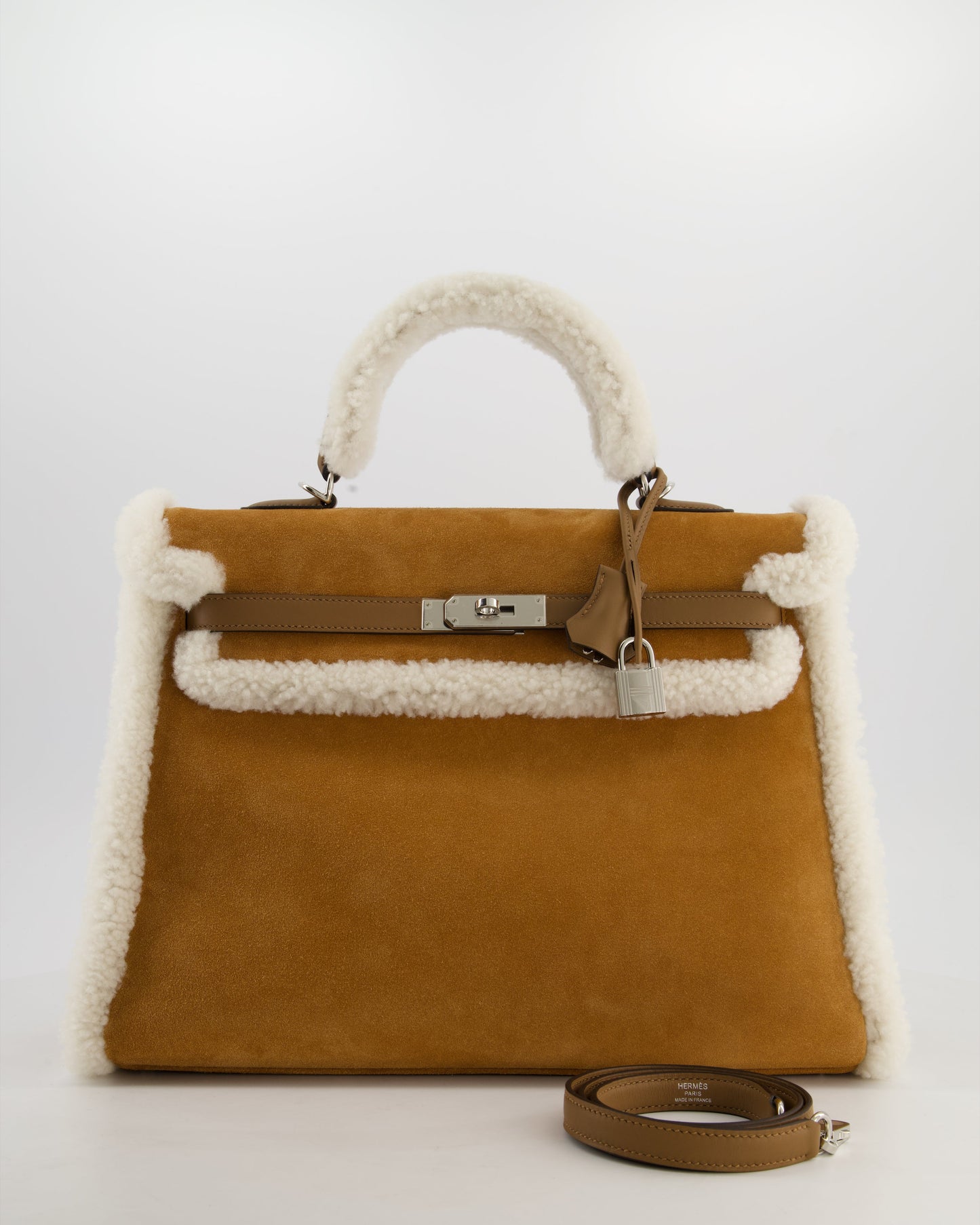 Hermes Kelly 35 Teddy Plush Grizzly Bag in Alezan Swift Leather, Ecru Plush & Chamois Grizzly Suede Leather with Palladium Hardware