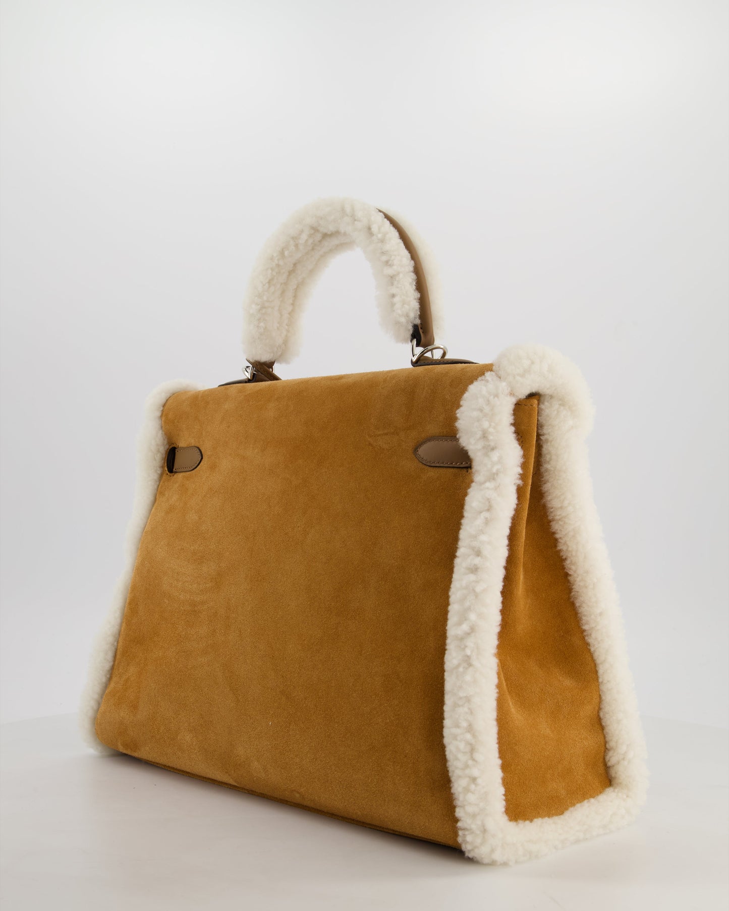 Hermes Kelly 35 Teddy Plush Grizzly Bag in Alezan Swift Leather, Ecru Plush & Chamois Grizzly Suede Leather with Palladium Hardware