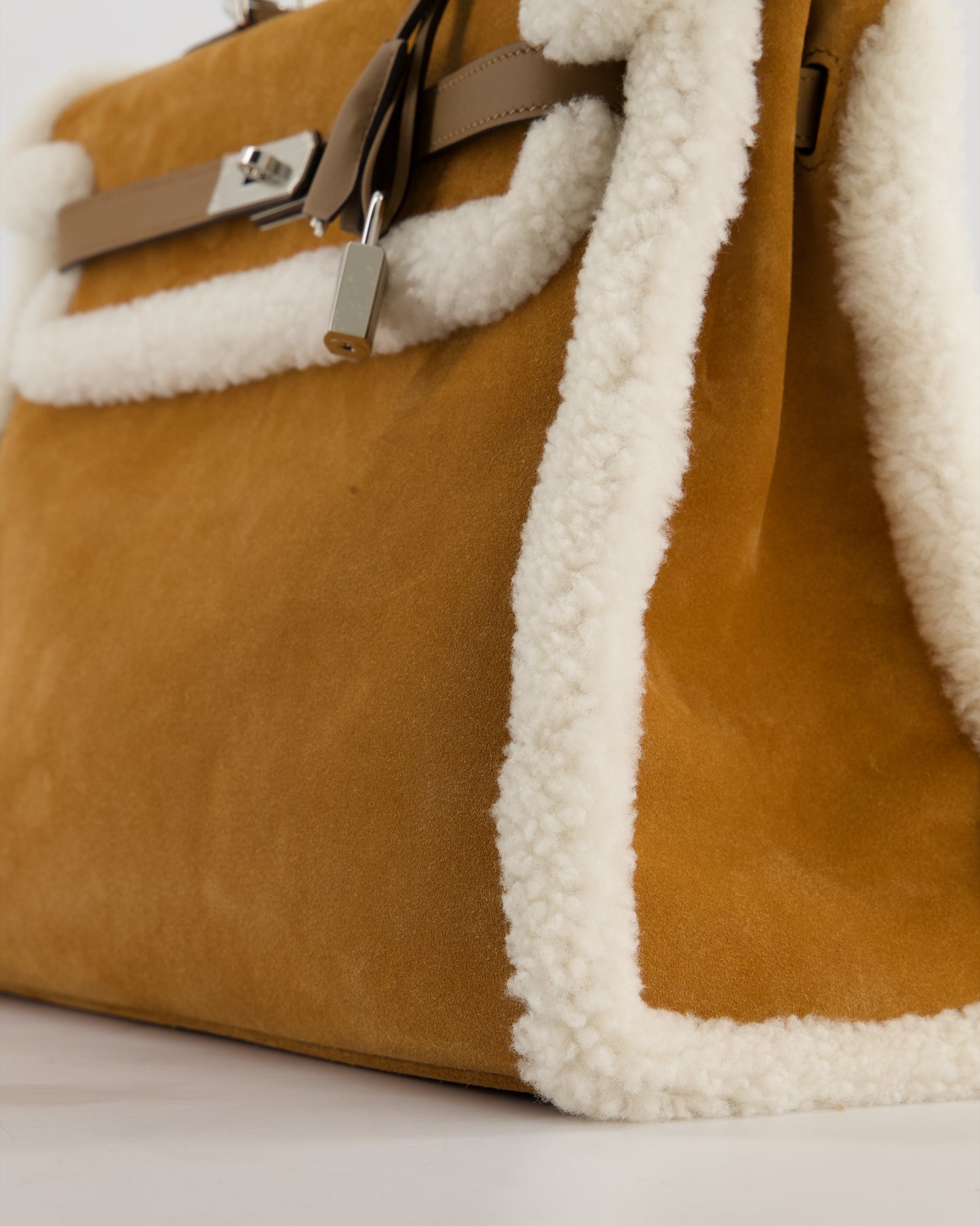 Hermes Kelly 35 Teddy Plush Grizzly Bag in Alezan Swift Leather, Ecru Plush & Chamois Grizzly Suede Leather with Palladium Hardware