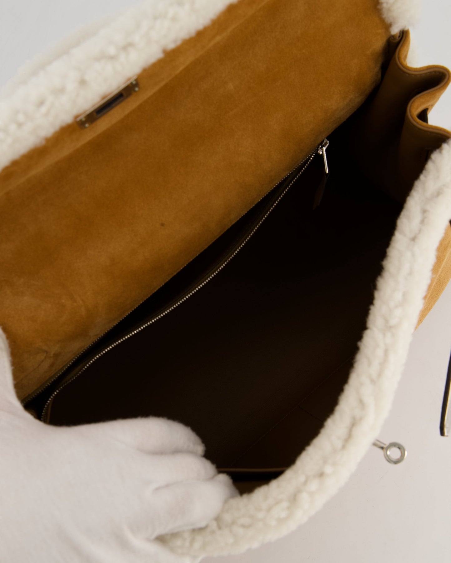 Hermes Kelly 35 Teddy Plush Grizzly Bag in Alezan Swift Leather, Ecru Plush & Chamois Grizzly Suede Leather with Palladium Hardware